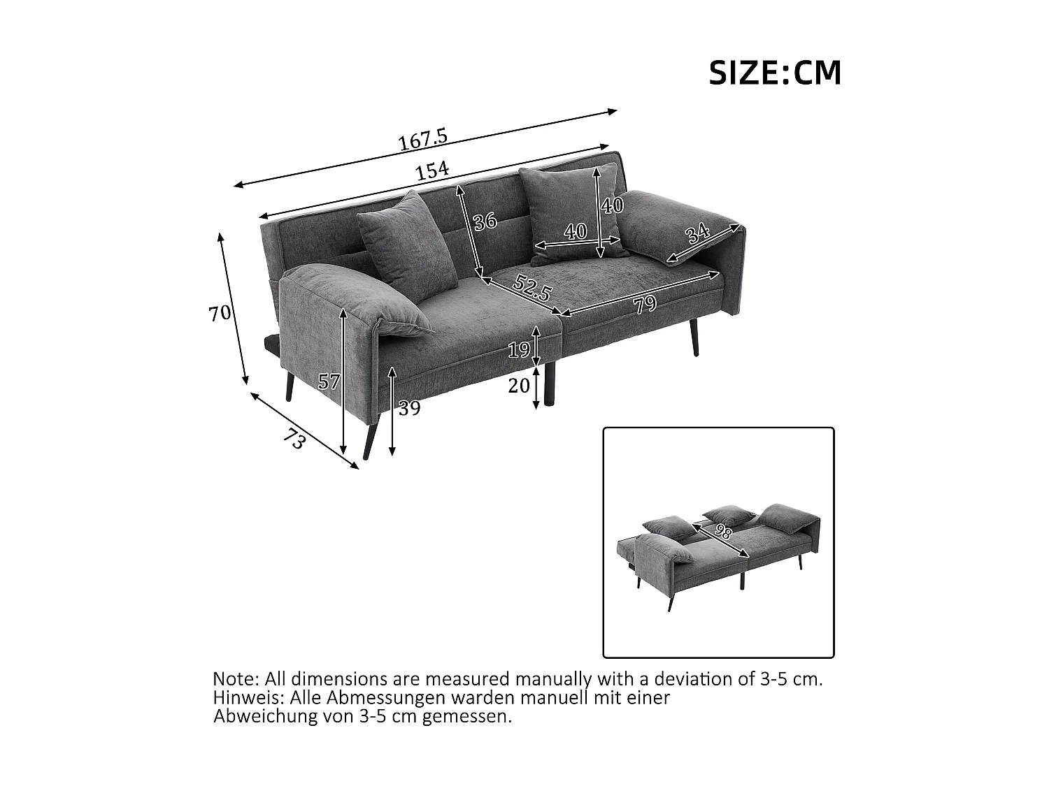 Canapé 2 places 167.5x73x70 cm - dossier inclinable trois positions (100°–180°) - coussins d'assise moelleux - gris