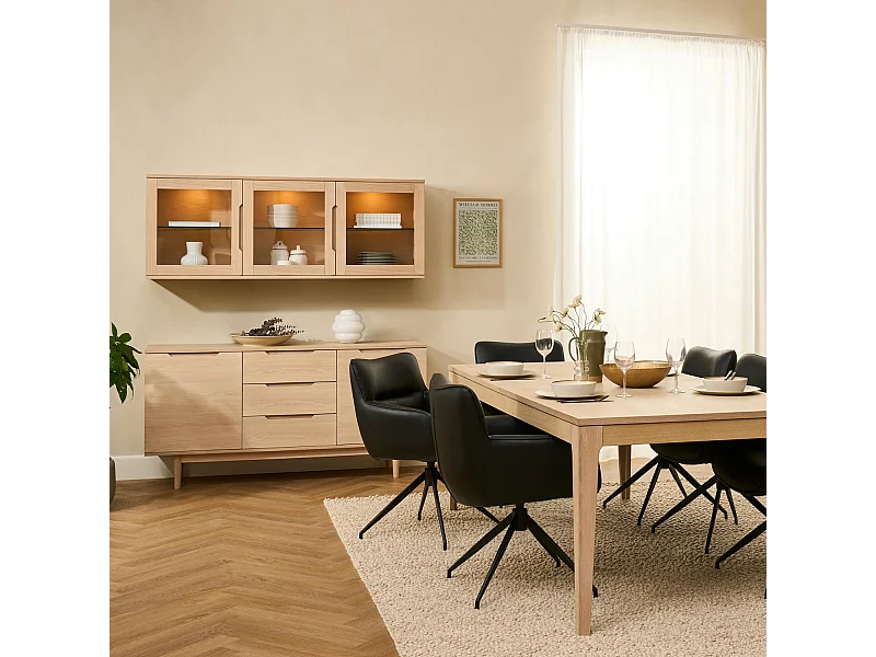 Hängechrank mit LED Beleuchtung mit 3 Glastüren Kerteminde - Eichenfurnier & MDF - Eiche bianco