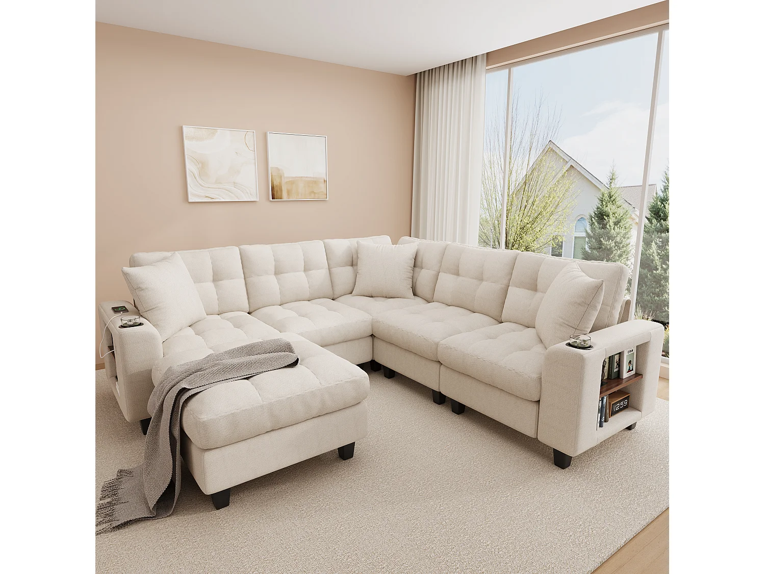 Canapé d'angle 6 places en forme de U - avec accoudoirs style bibliothèque - avec pouf amovible - avec porte-gobelet - avec port USB/USB-C - beige