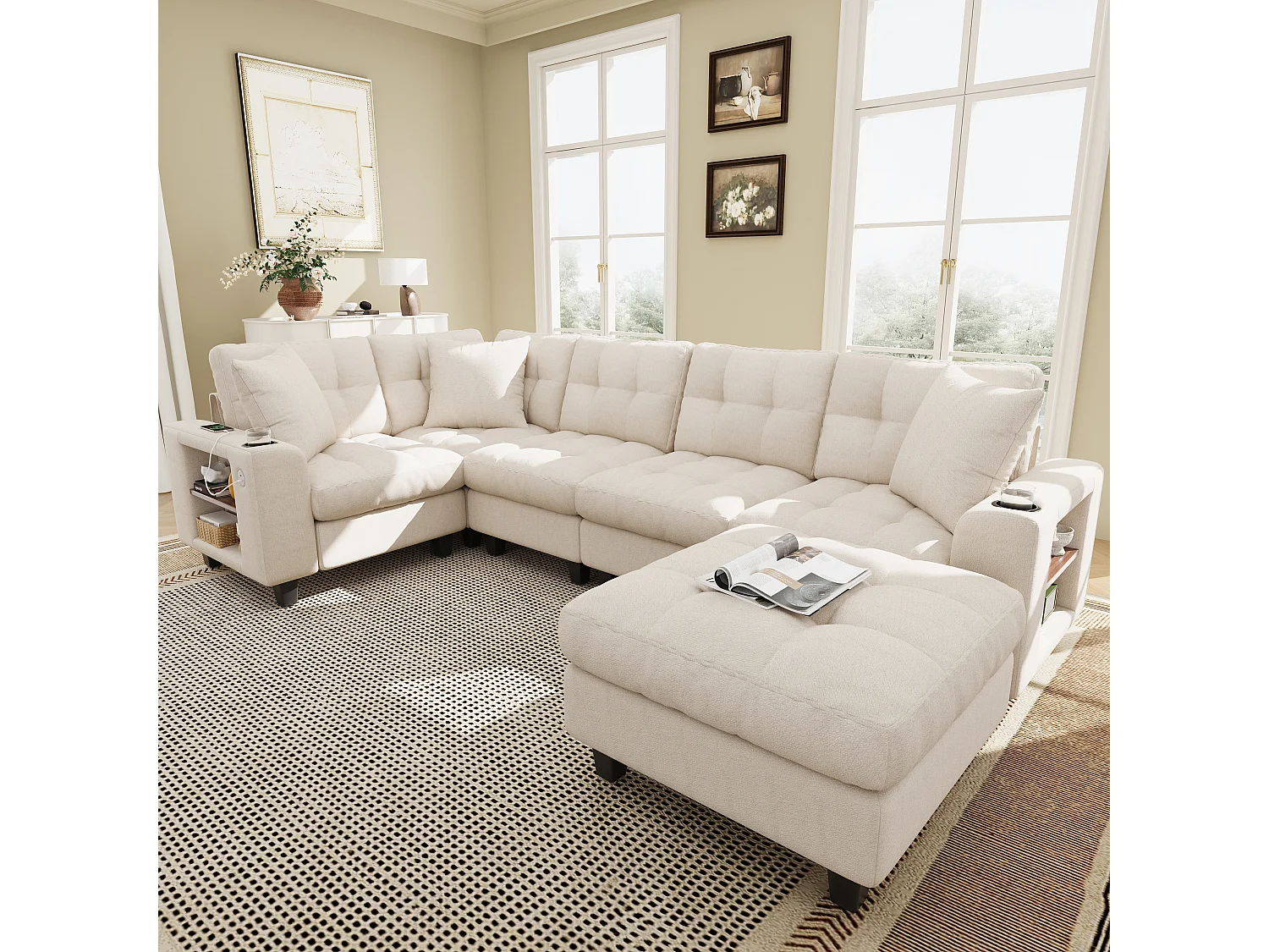 Canapé d'angle 6 places en forme de U - avec accoudoirs style bibliothèque - avec pouf amovible - avec porte-gobelet - avec port USB/USB-C - beige