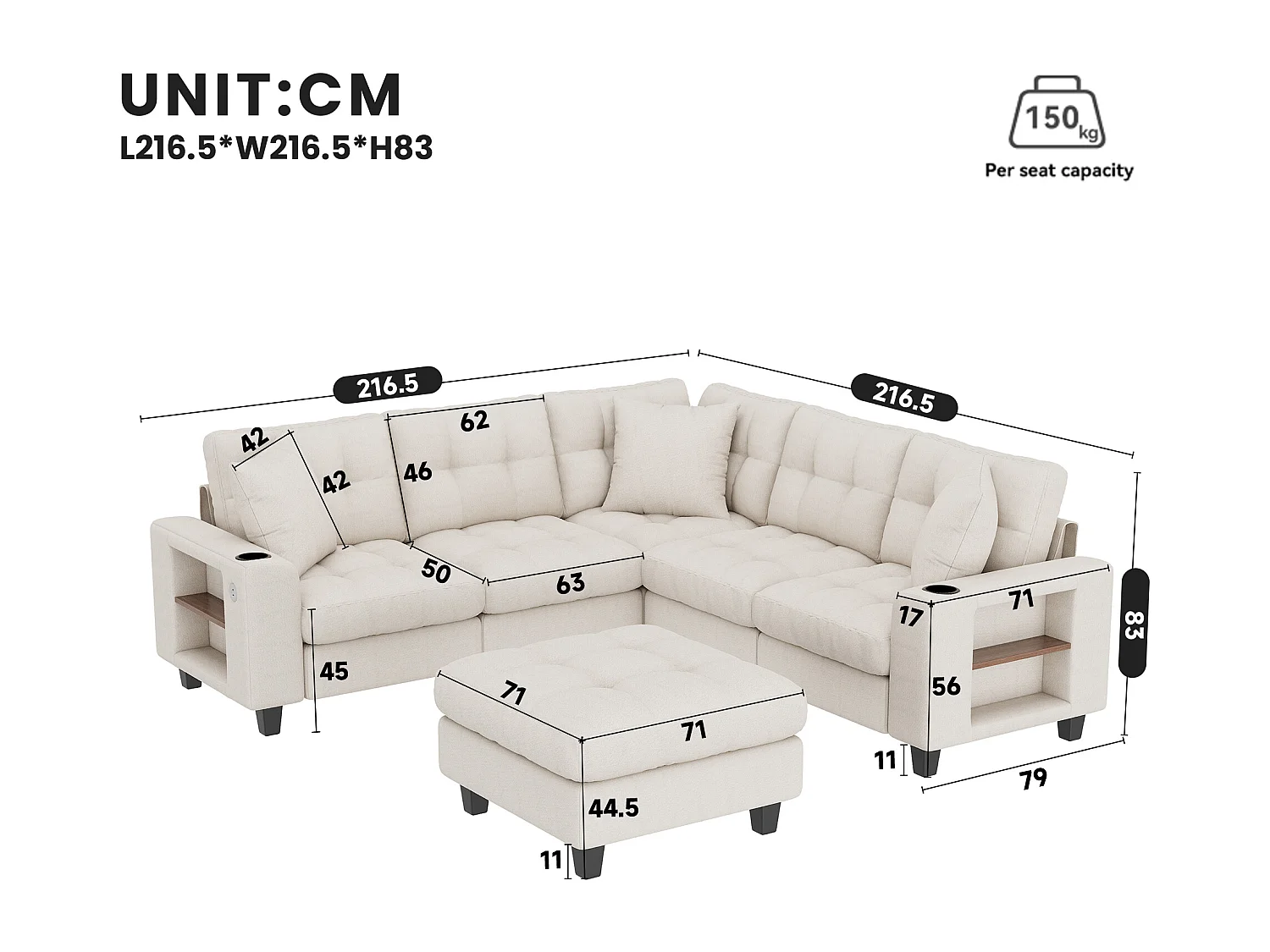 Canapé d'angle 6 places en forme de U - avec accoudoirs style bibliothèque - avec pouf amovible - avec porte-gobelet - avec port USB/USB-C - beige