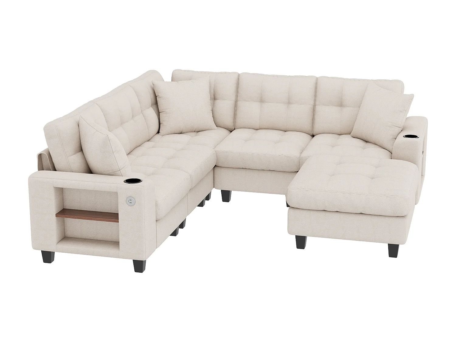 Canapé d'angle 6 places en forme de U - avec accoudoirs style bibliothèque - avec pouf amovible - avec porte-gobelet - avec port USB/USB-C - beige