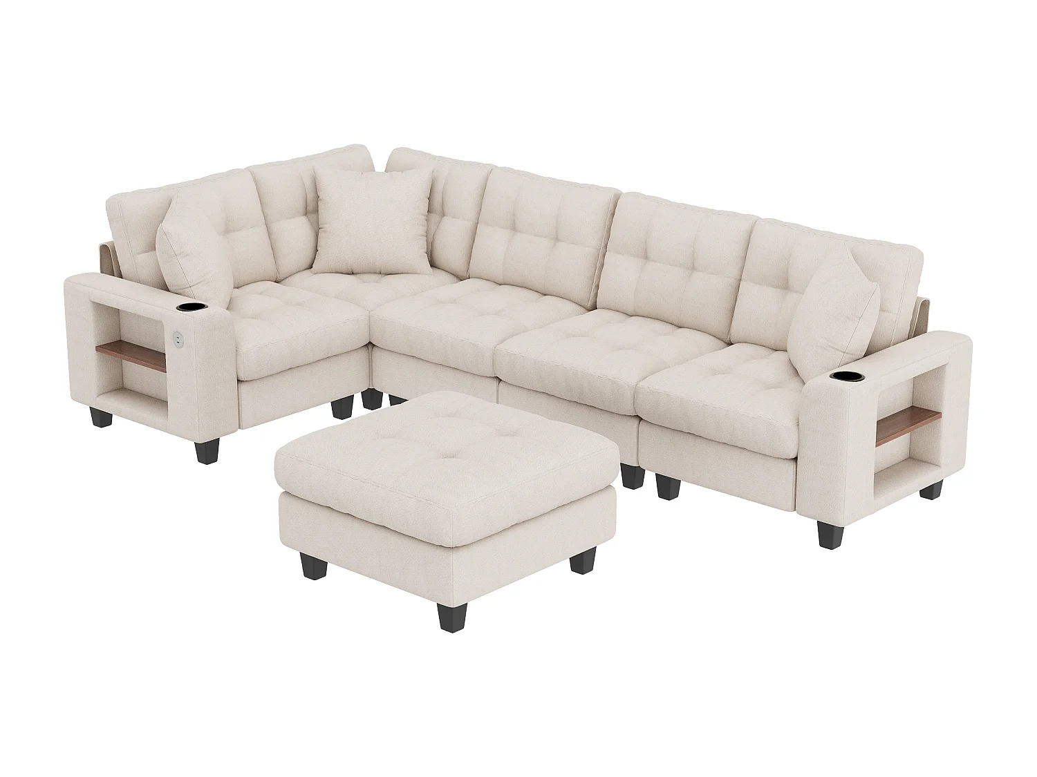 Canapé d'angle 6 places en forme de U - avec accoudoirs style bibliothèque - avec pouf amovible - avec porte-gobelet - avec port USB/USB-C - beige