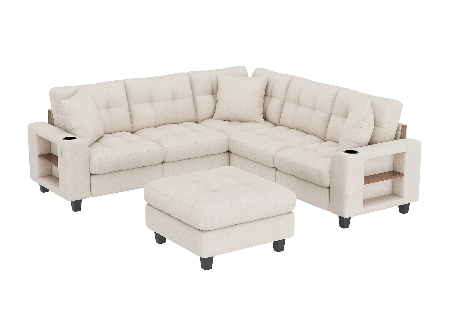 Canapé d'angle 6 places en forme de U - avec accoudoirs style bibliothèque - avec pouf amovible - avec porte-gobelet - avec port USB/USB-C - beige