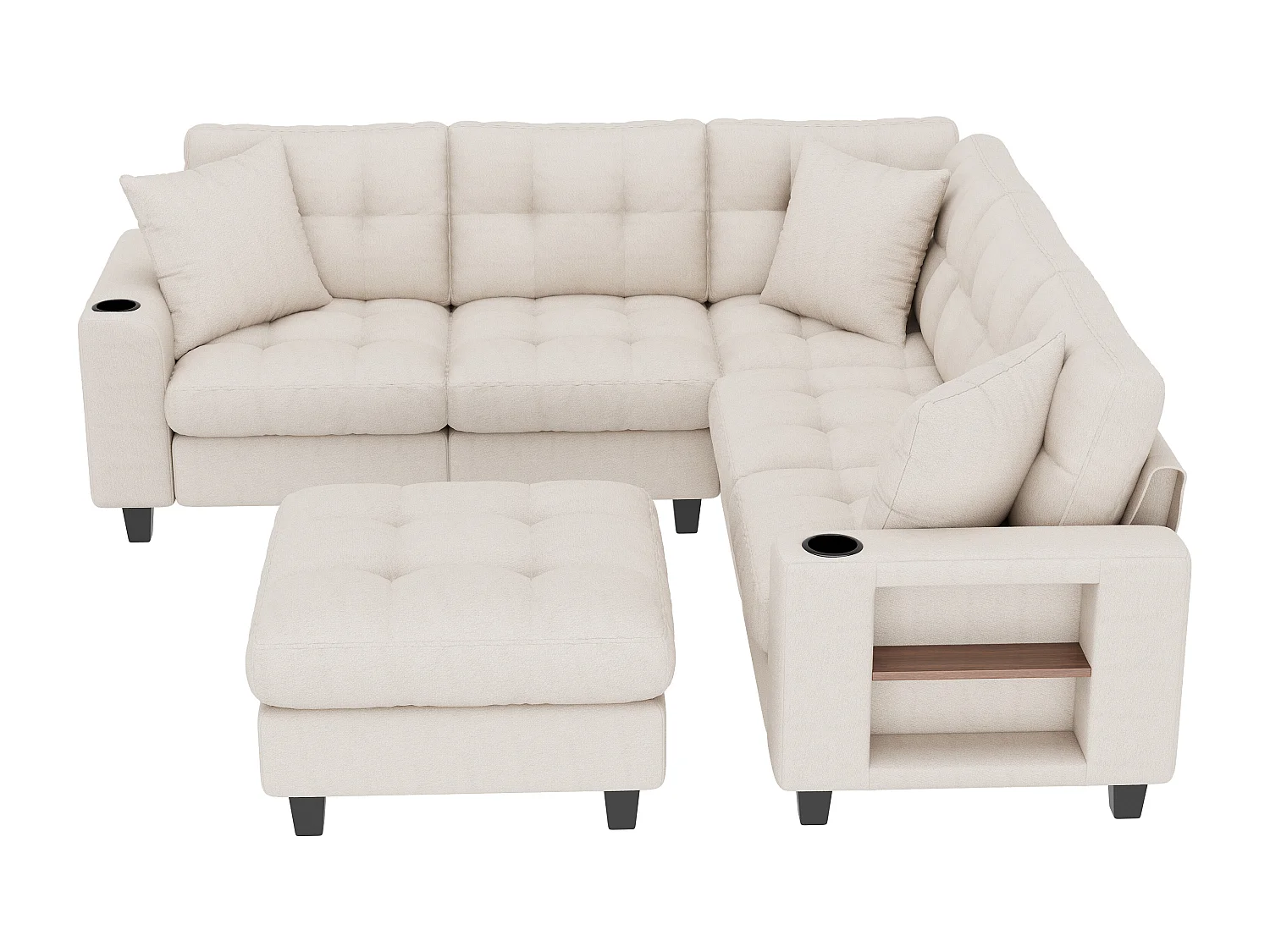 Canapé d'angle 6 places en forme de U - avec accoudoirs style bibliothèque - avec pouf amovible - avec porte-gobelet - avec port USB/USB-C - beige