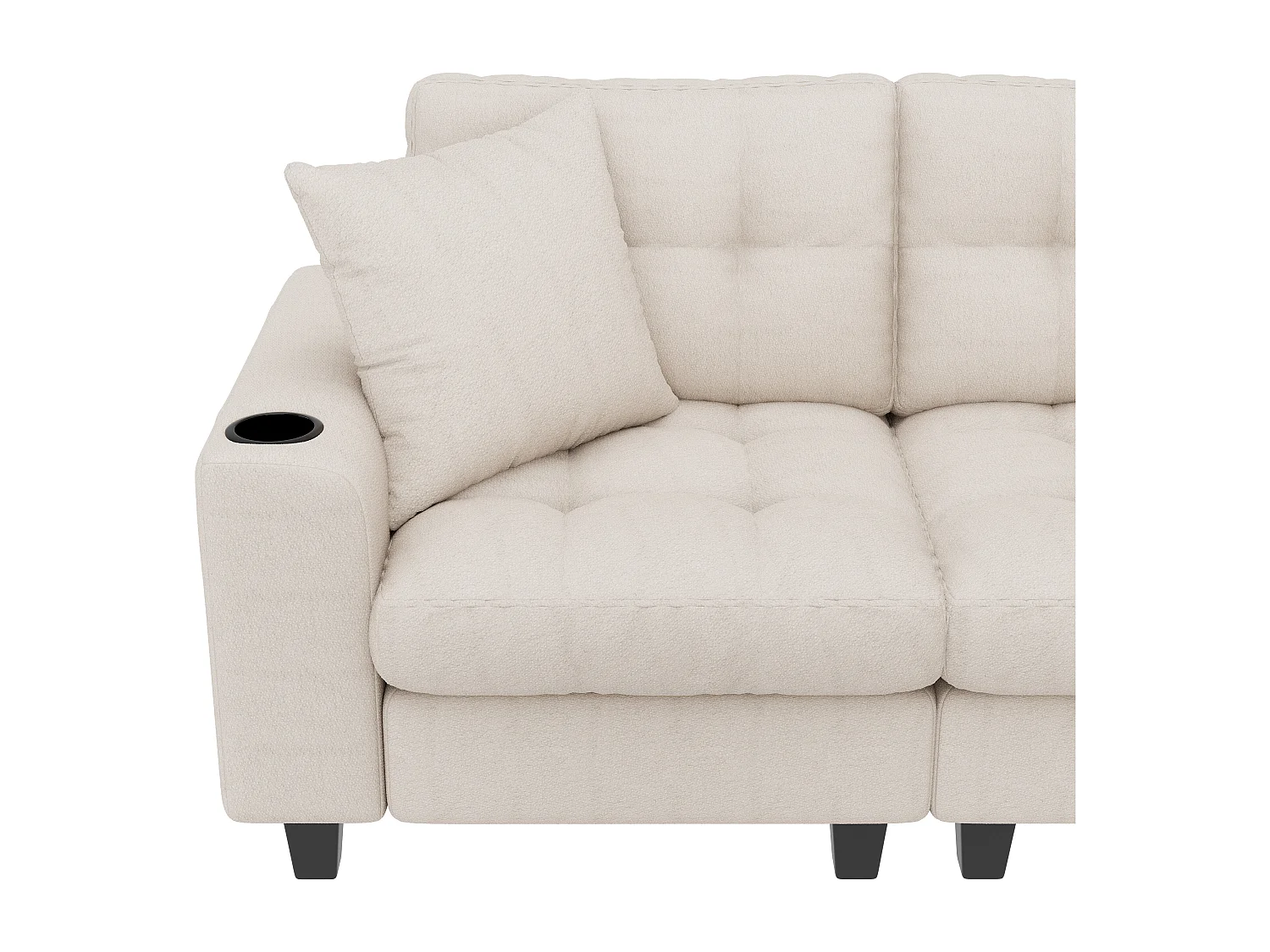 Canapé d'angle 6 places en forme de U - avec accoudoirs style bibliothèque - avec pouf amovible - avec porte-gobelet - avec port USB/USB-C - beige