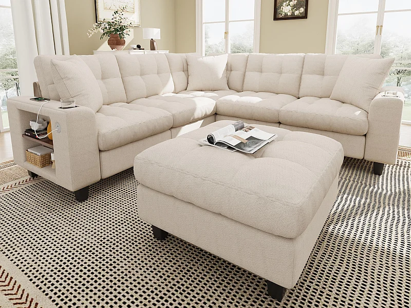Divano angolare 6 posti a forma di U - con braccioli stile libreria - con pouf removibile - con portabicchieri - con porte USB/USB-C - beige