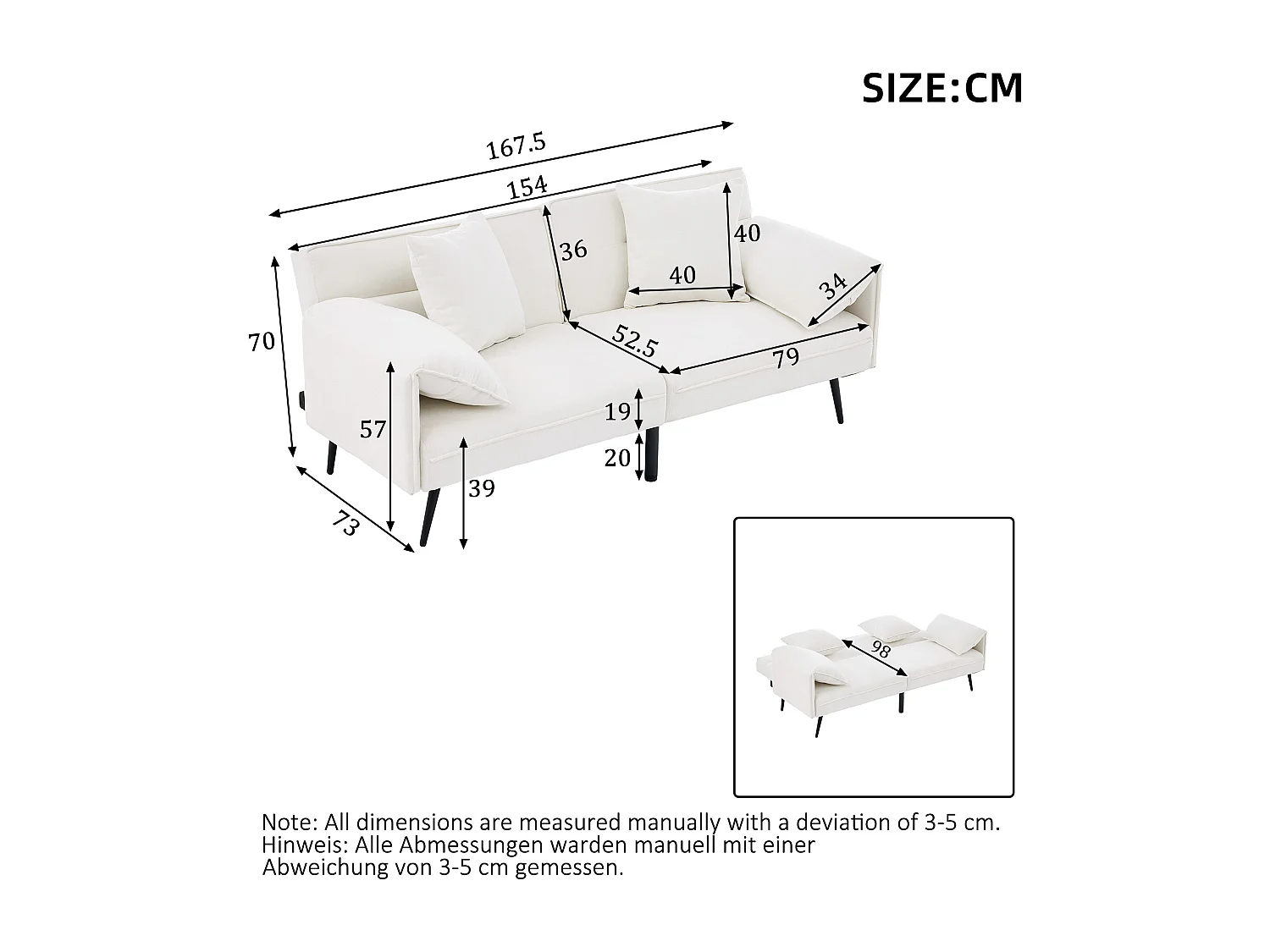 Canapé 2 places 167.5x73x70 cm - dossier inclinable trois positions (100°–180°) - coussins d'assise moelleux - blanc