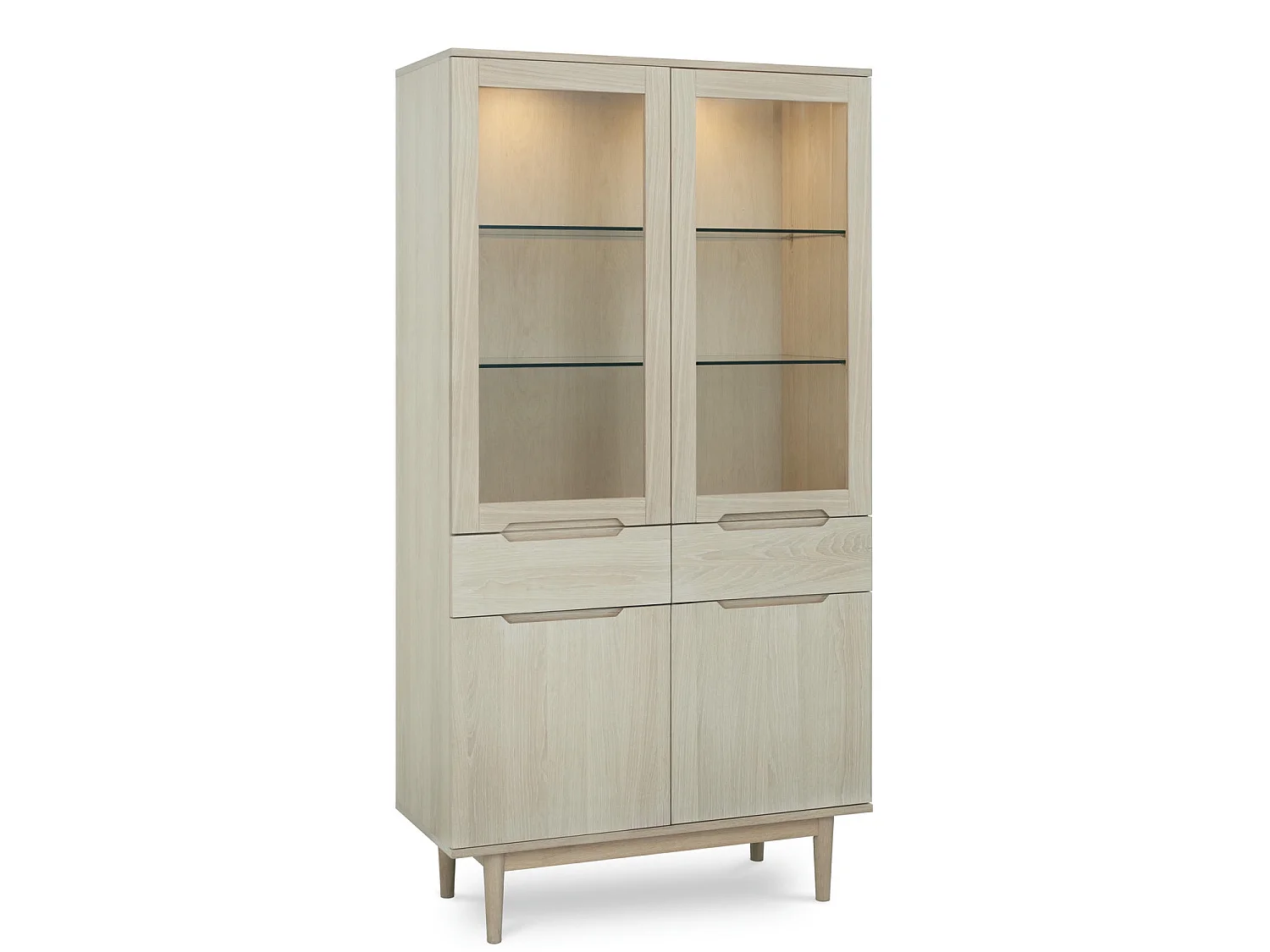 Vitrine mit LED Beleuchtung mit 2 Glastüren Kerteminde - Eichenfurnier & MDF - Eiche bianco