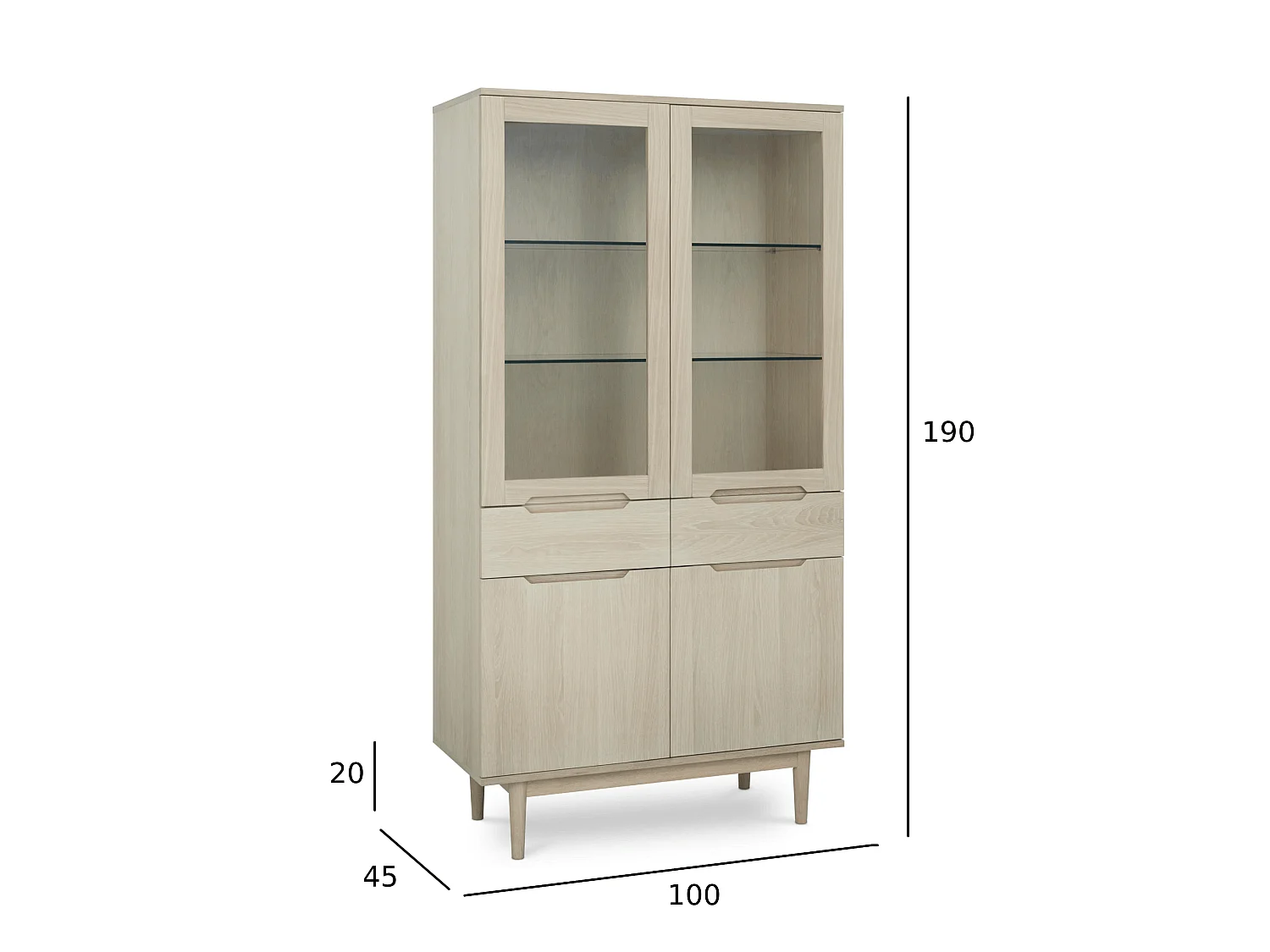 Vitrine mit LED Beleuchtung mit 2 Glastüren Kerteminde - Eichenfurnier & MDF - Eiche bianco