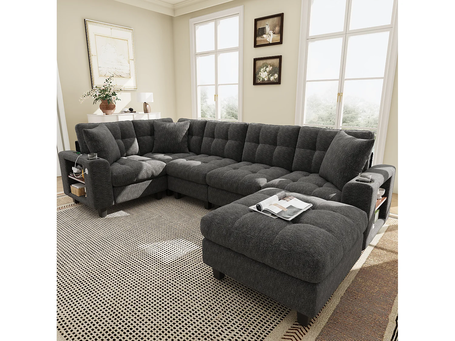 Canapé d'angle 6 places en forme de U - avec accoudoirs style bibliothèque - avec pouf amovible - avec porte-gobelet - avec port USB/USB-C - gris