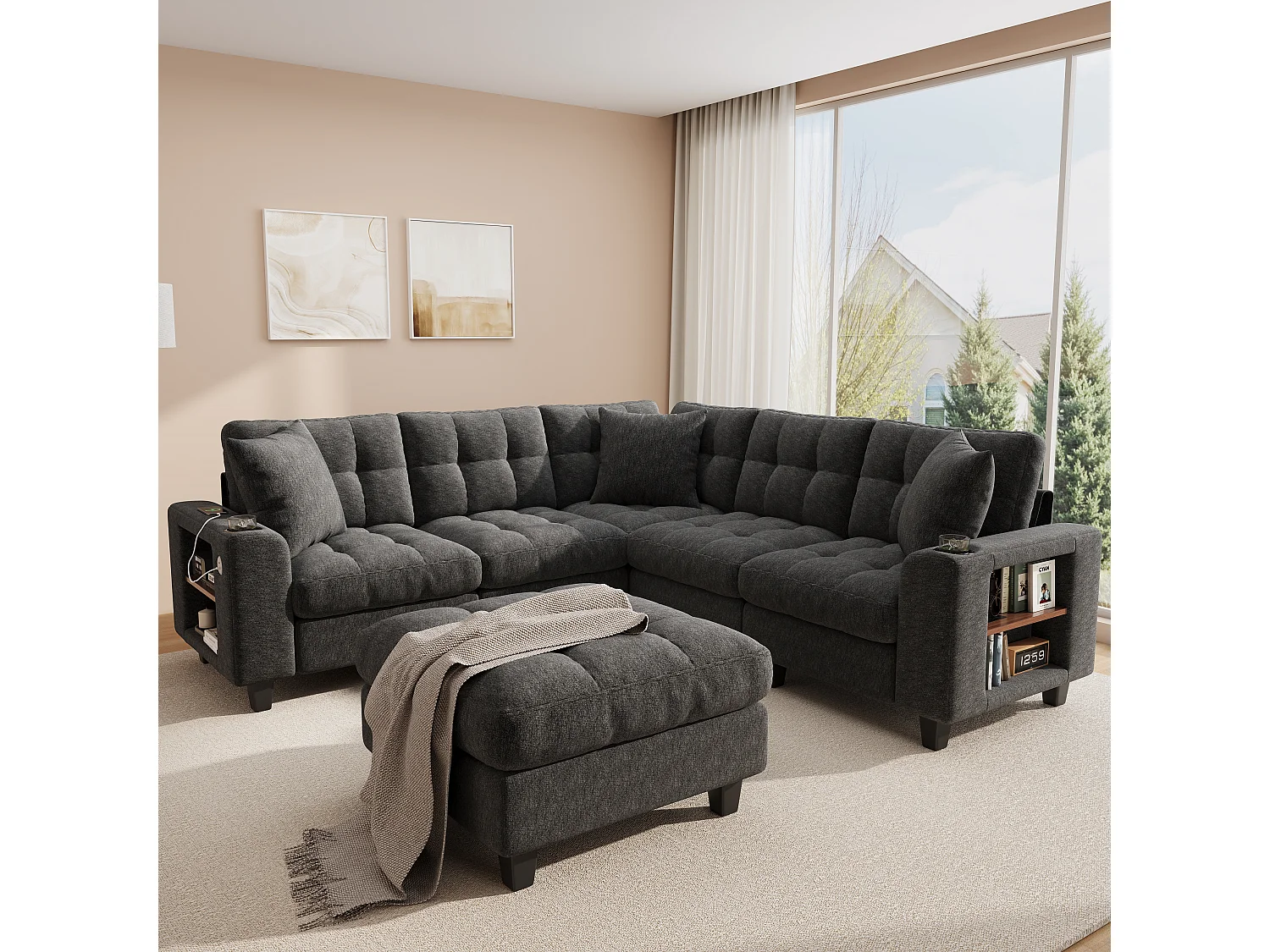 Canapé d'angle 6 places en forme de U - avec accoudoirs style bibliothèque - avec pouf amovible - avec porte-gobelet - avec port USB/USB-C - gris