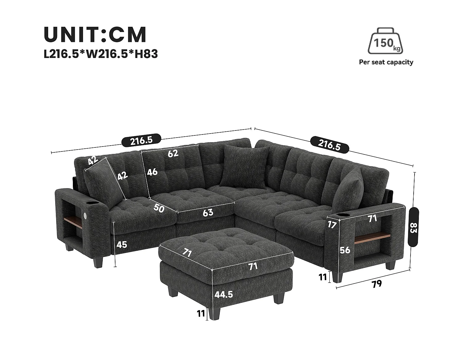 Canapé d'angle 6 places en forme de U - avec accoudoirs style bibliothèque - avec pouf amovible - avec porte-gobelet - avec port USB/USB-C - gris