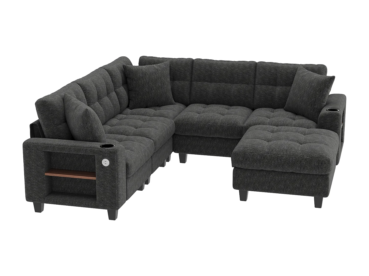 Canapé d'angle 6 places en forme de U - avec accoudoirs style bibliothèque - avec pouf amovible - avec porte-gobelet - avec port USB/USB-C - gris