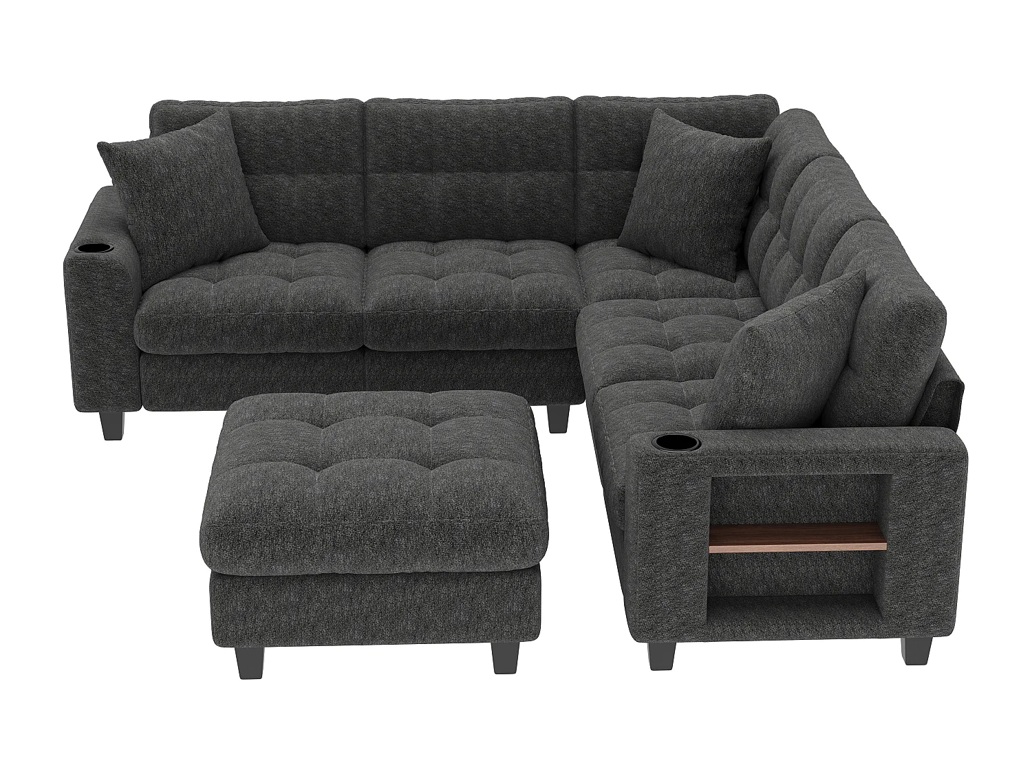 Canapé d'angle 6 places en forme de U - avec accoudoirs style bibliothèque - avec pouf amovible - avec porte-gobelet - avec port USB/USB-C - gris