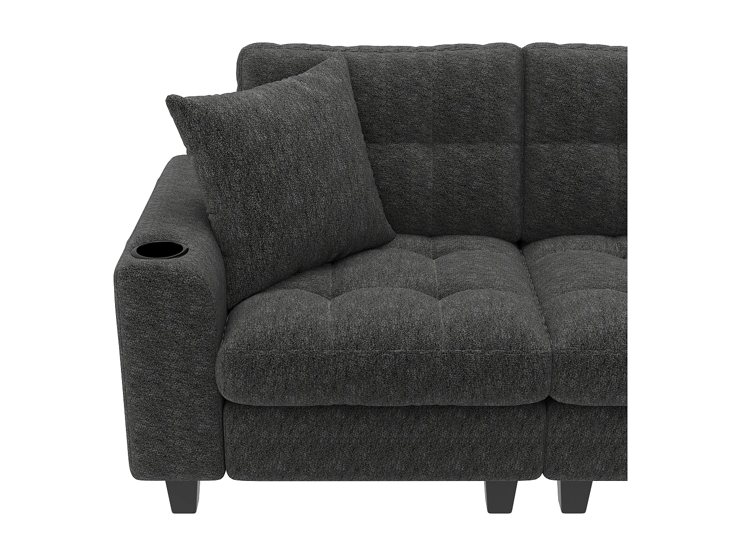 Canapé d'angle 6 places en forme de U - avec accoudoirs style bibliothèque - avec pouf amovible - avec porte-gobelet - avec port USB/USB-C - gris