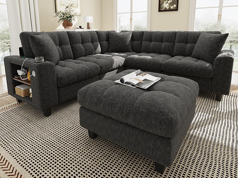 Canapé d'angle 6 places en forme de U - avec accoudoirs style bibliothèque - avec pouf amovible - avec porte-gobelet - avec port USB/USB-C - gris