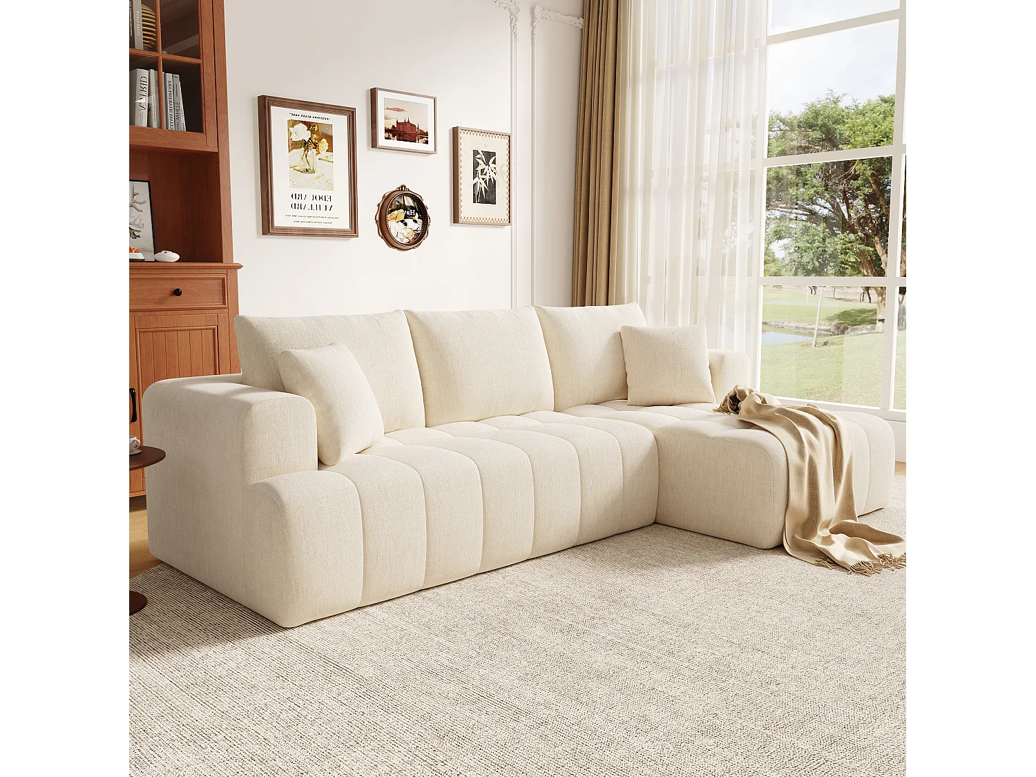 Canapé d'angle 3 places en velours beige CLOUD