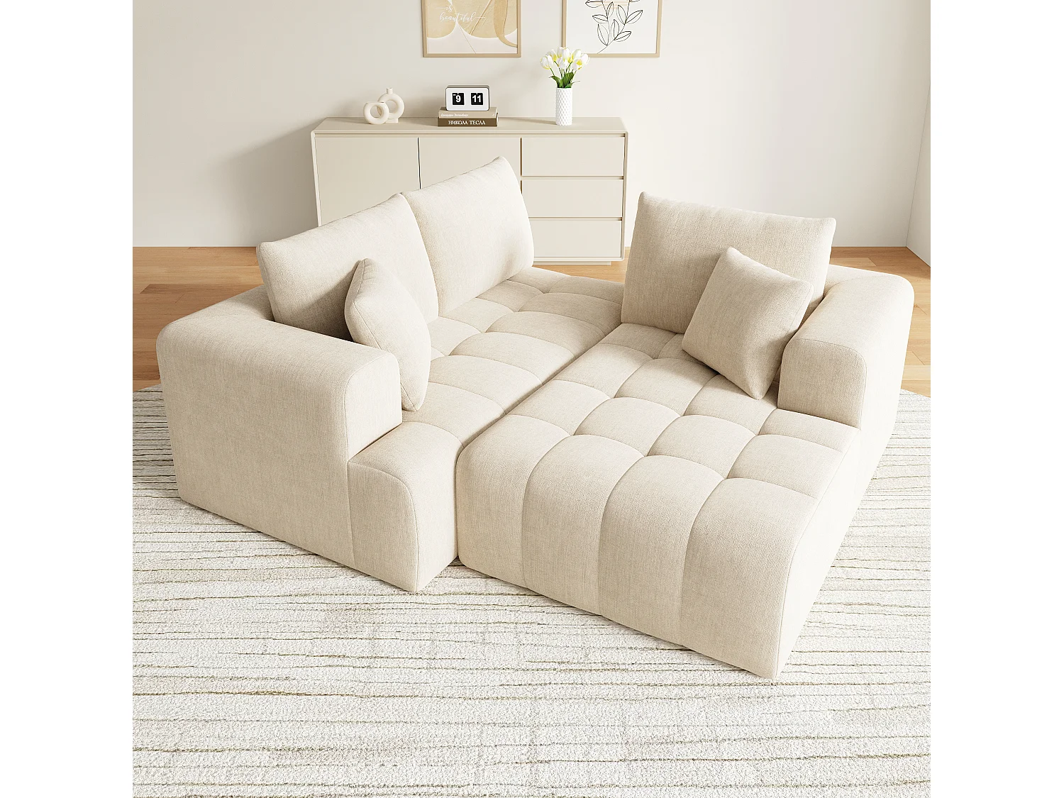 Canapé d'angle 3 places en velours beige CLOUD