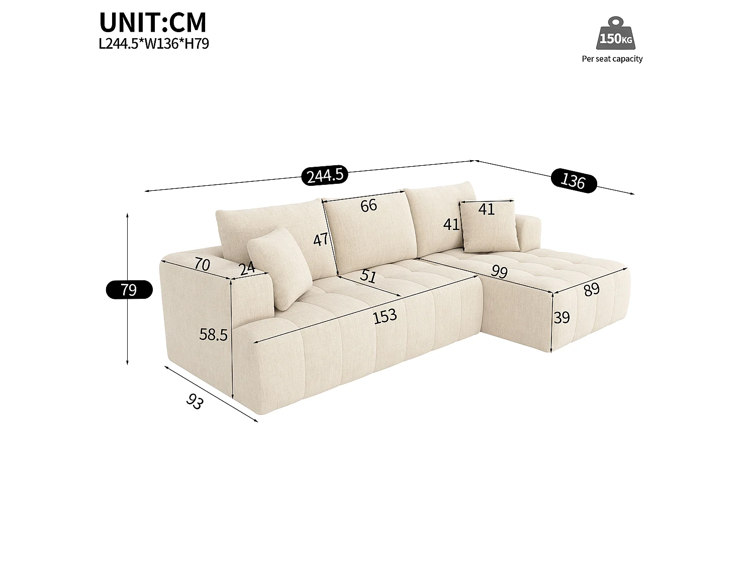 Canapé d'angle 3 places en velours beige CLOUD