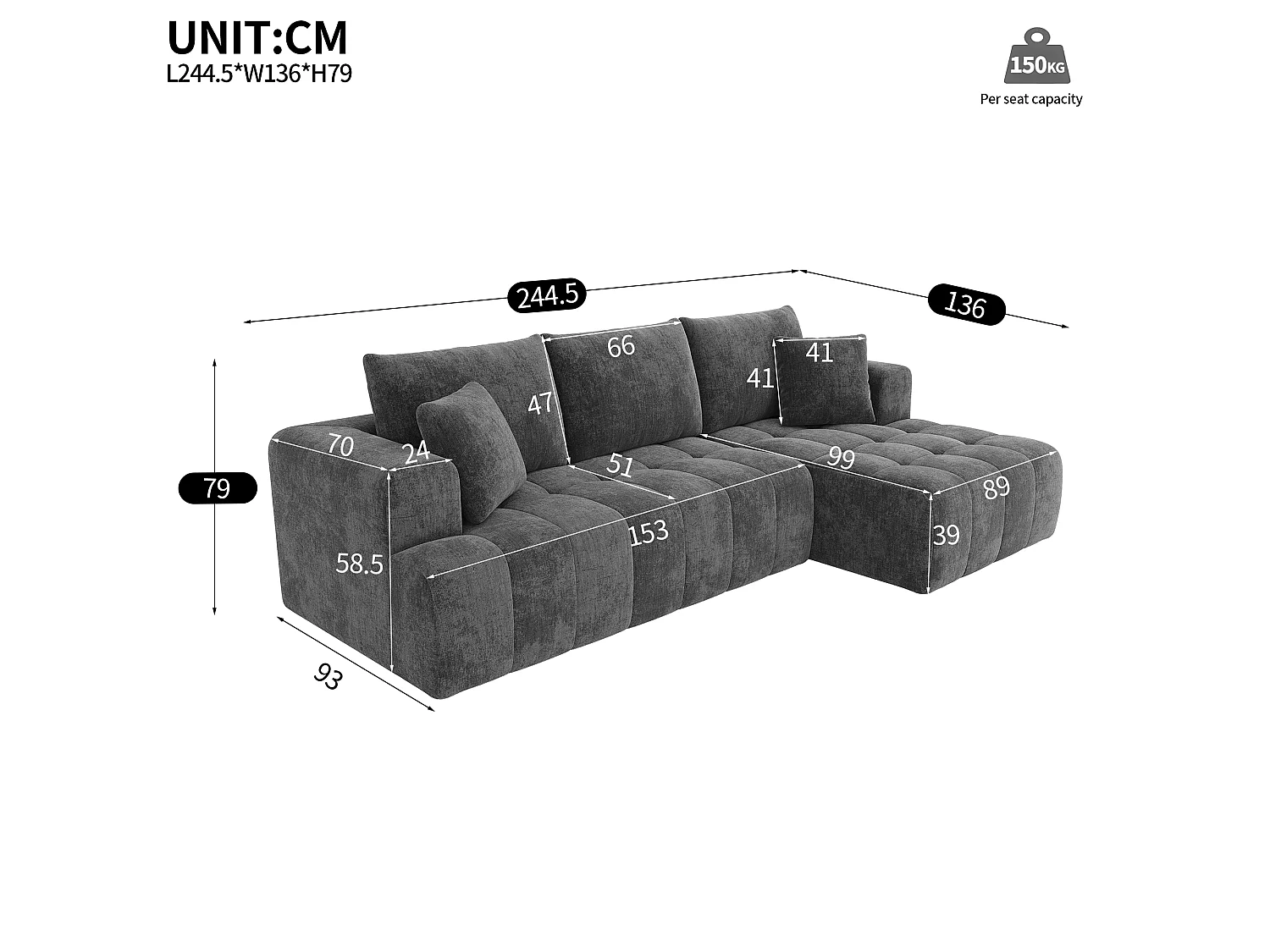 Canapé d'angle en L - 3 places - Canapé Cloud - Combinaison flexible - Aucun montage requis - gris