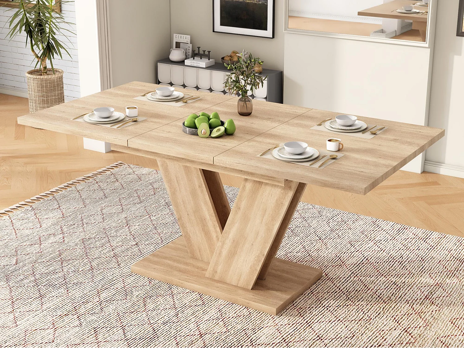 Table de salle à manger extensible pour 4 à 6 personnes - 140/180 x 80 x 75,5 cm - Plateau épais - Pieds en V - MDF - Coloris chêne
