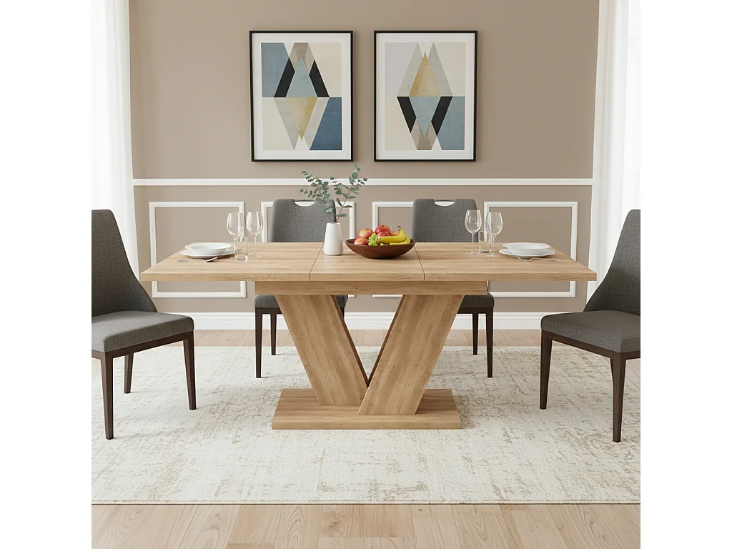 Table de salle à manger extensible pour 4 à 6 personnes - 140/180 x 80 x 75,5 cm - Plateau épais - Pieds en V - MDF - Coloris chêne