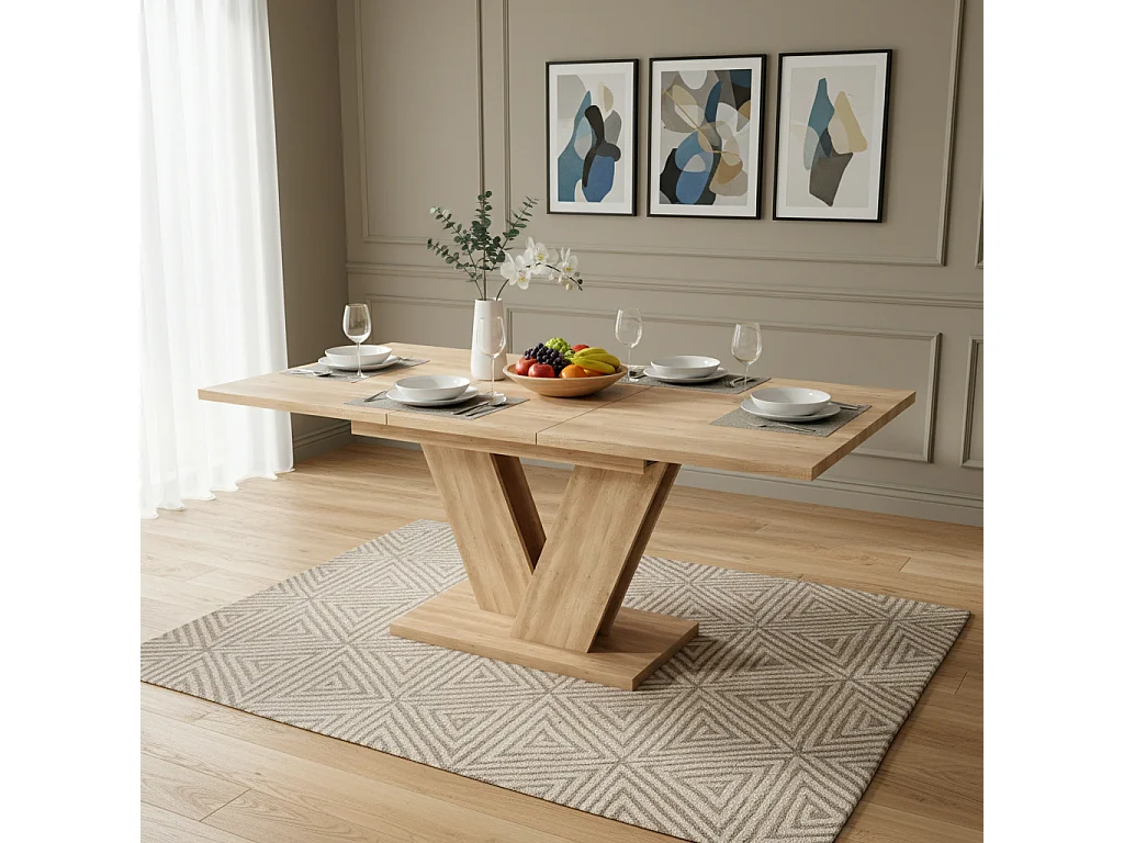 Table de salle à manger extensible pour 4 à 6 personnes - 140/180 x 80 x 75,5 cm - Plateau épais - Pieds en V - MDF - Coloris chêne