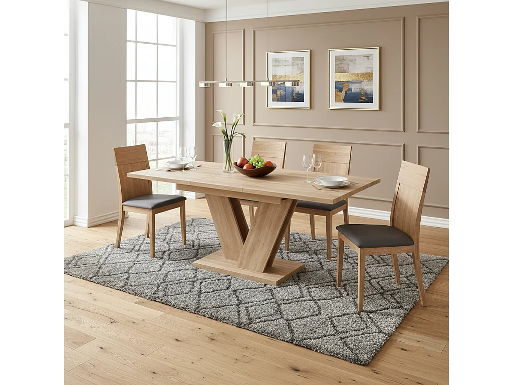 Table de salle à manger extensible pour 4 à 6 personnes - 140/180 x 80 x 75,5 cm - Plateau épais - Pieds en V - MDF - Coloris chêne