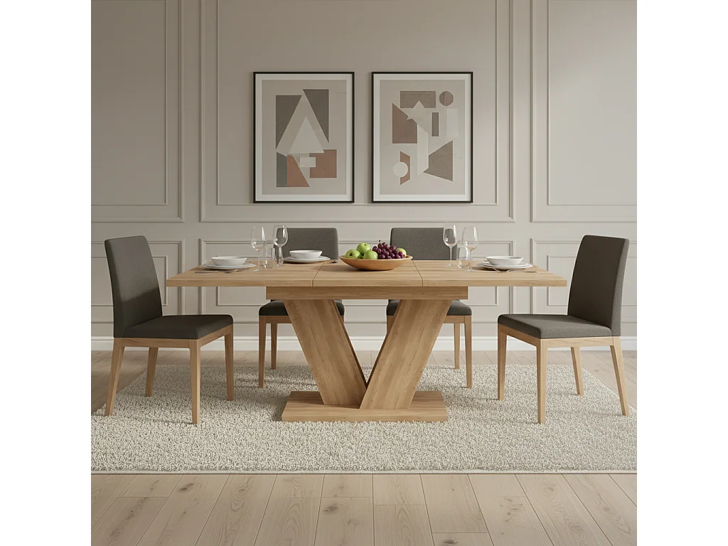 Table de salle à manger extensible pour 4 à 6 personnes - 140/180 x 80 x 75,5 cm - Plateau épais - Pieds en V - MDF - Coloris chêne