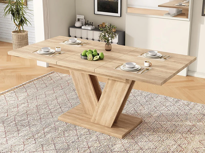 Table de salle à manger extensible pour 4 à 6 personnes - 140/180 x 80 x 75,5 cm - Plateau épais - Pieds en V - MDF - Coloris chêne