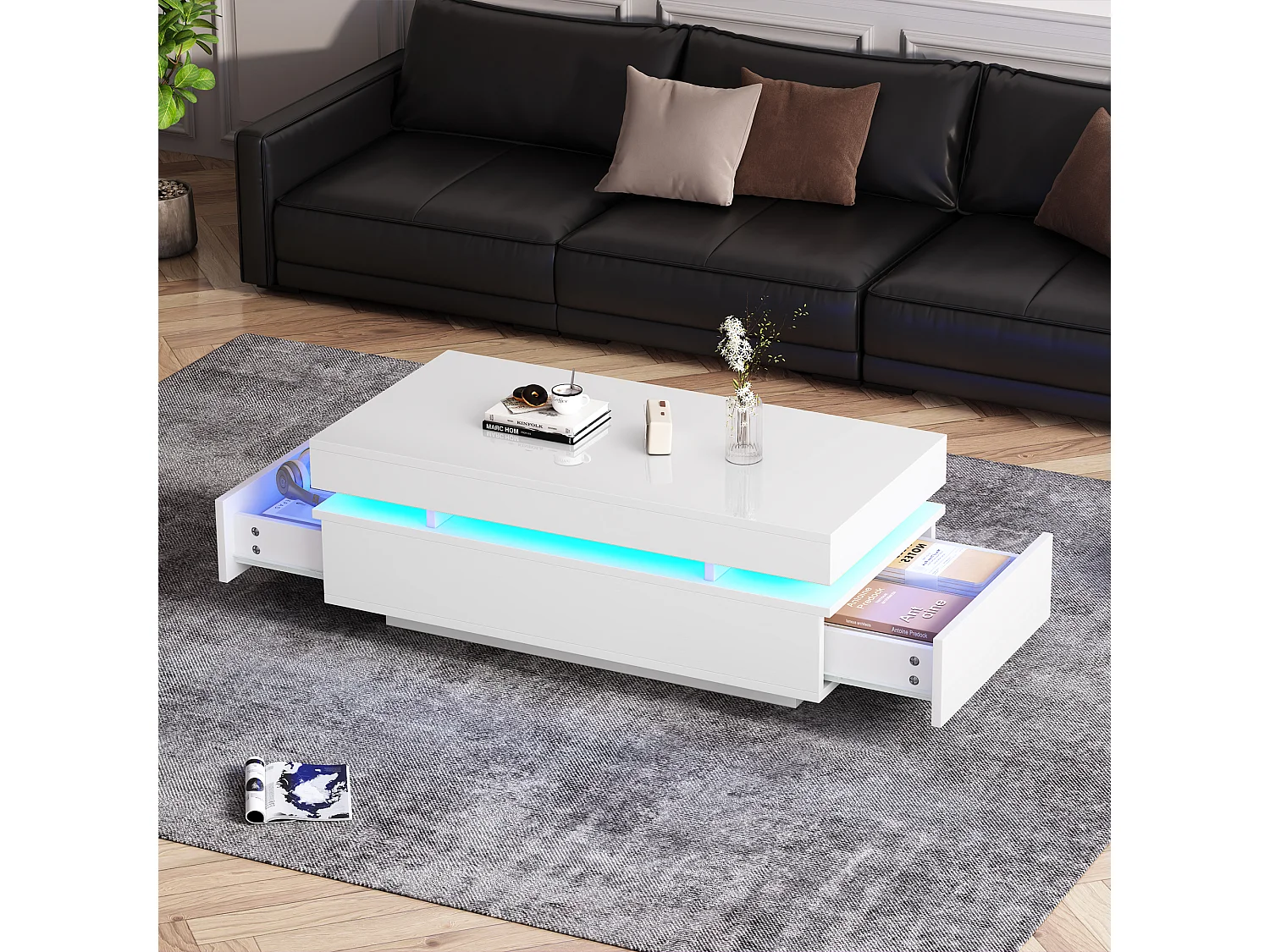 Table basse laquée brillante 100x50x35 cm - avec LED - avec 2 tiroirs - panneaux de particules - blanc