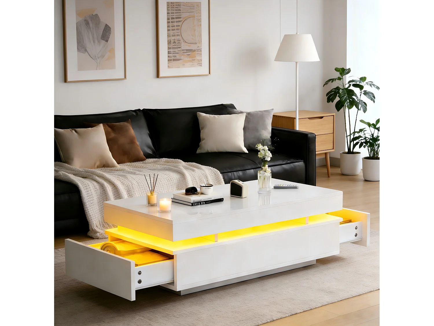 Table basse laquée brillante 100x50x35 cm - avec LED - avec 2 tiroirs - panneaux de particules - blanc