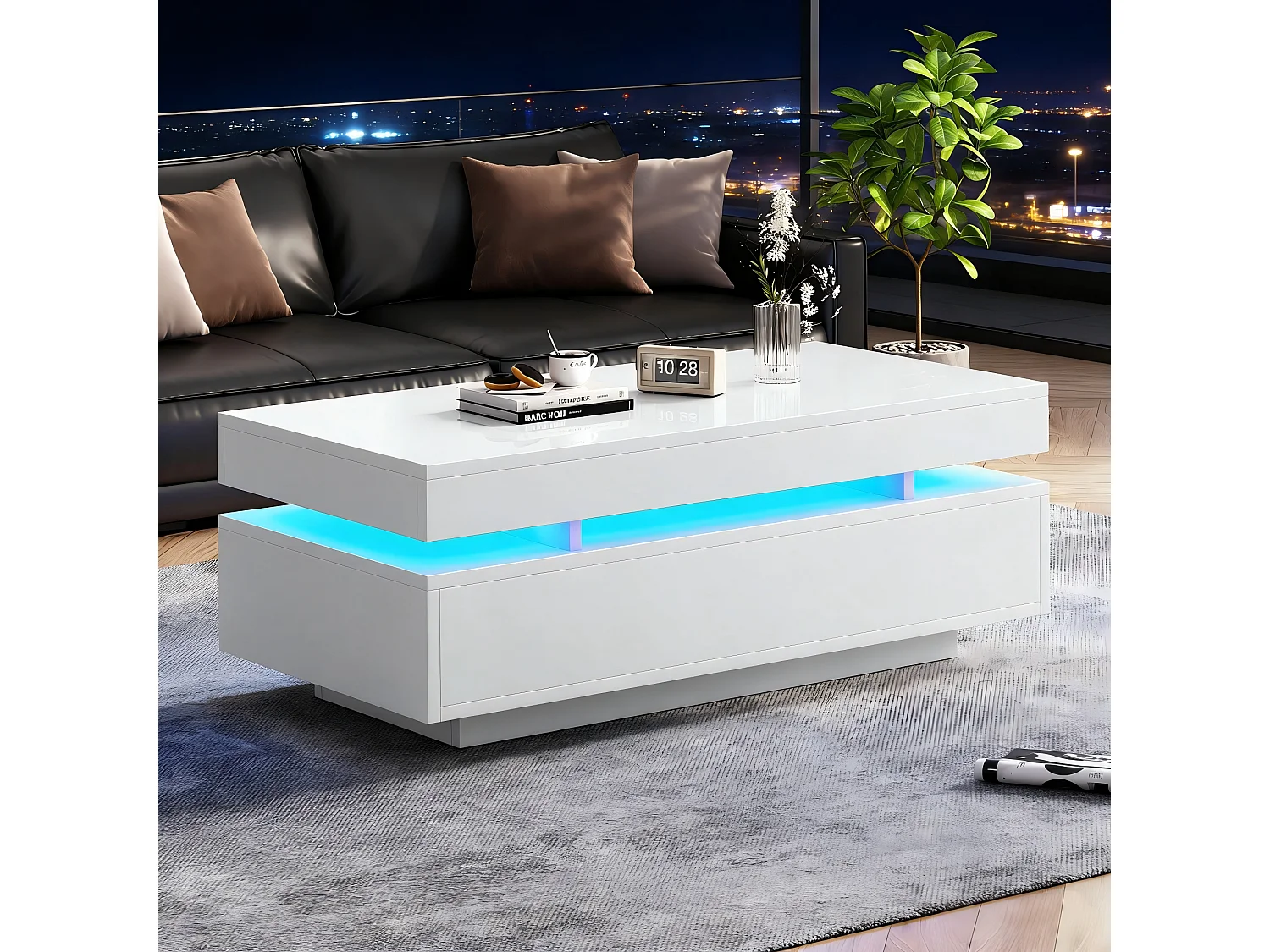 Table basse laquée brillante 100x50x35 cm - avec LED - avec 2 tiroirs - panneaux de particules - blanc