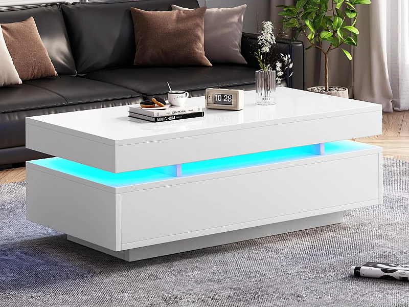 Table basse laquée brillante 100x50x35 cm - avec LED - avec 2 tiroirs - panneaux de particules - blanc