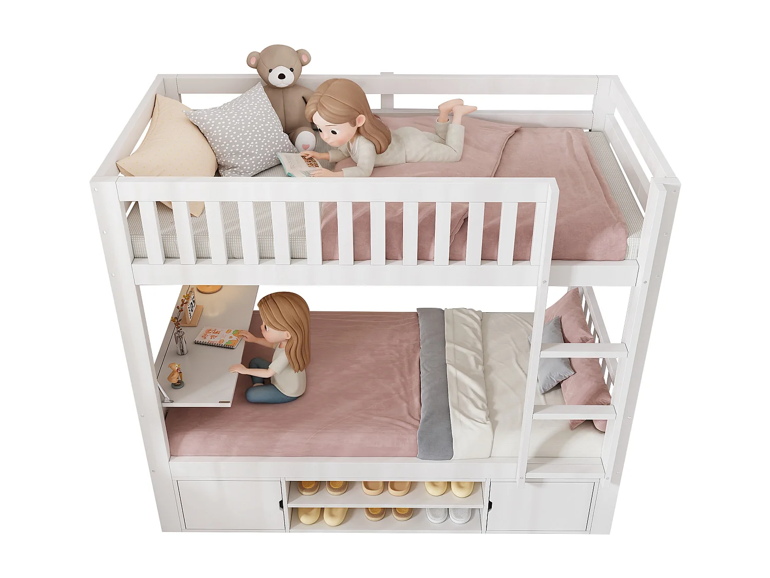 Lit superposé 90x200 cm - avec un bureau pliable - avec étagère à chaussures intégrée et échelle - Blanc (sans matelas)