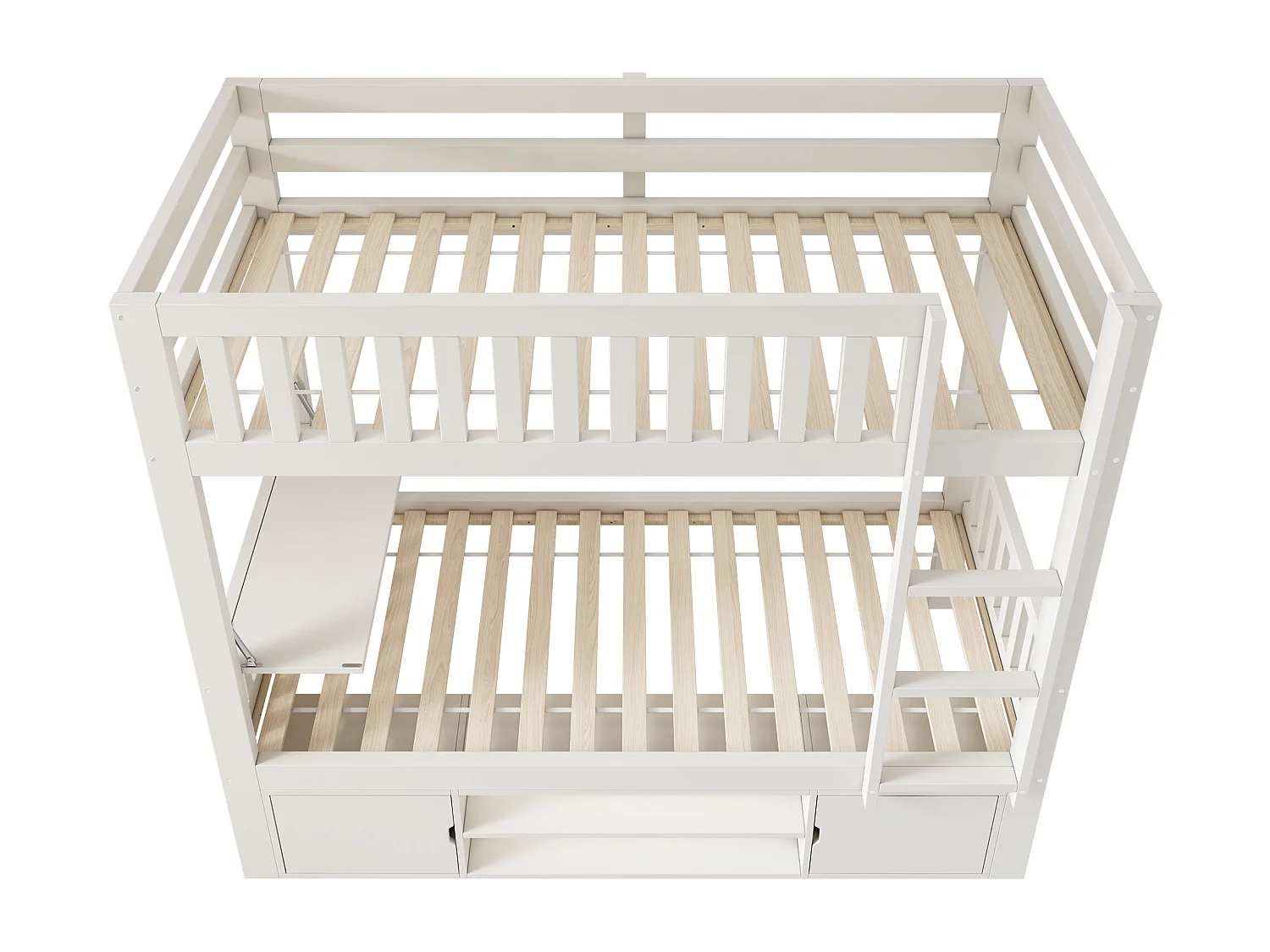 Lit superposé 90x200 cm - avec un bureau pliable - avec étagère à chaussures intégrée et échelle - Blanc (sans matelas)