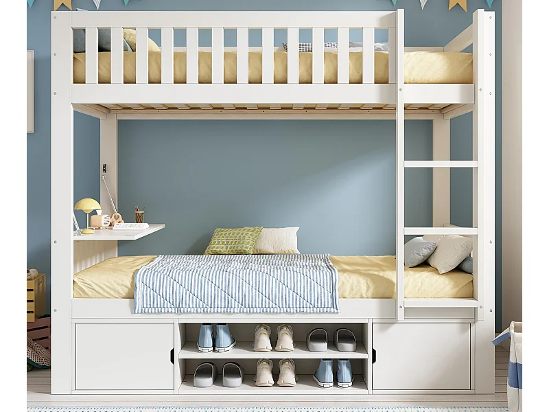 Lit superposé 90x200 cm - avec un bureau pliable - avec étagère à chaussures intégrée et échelle - Blanc (sans matelas)