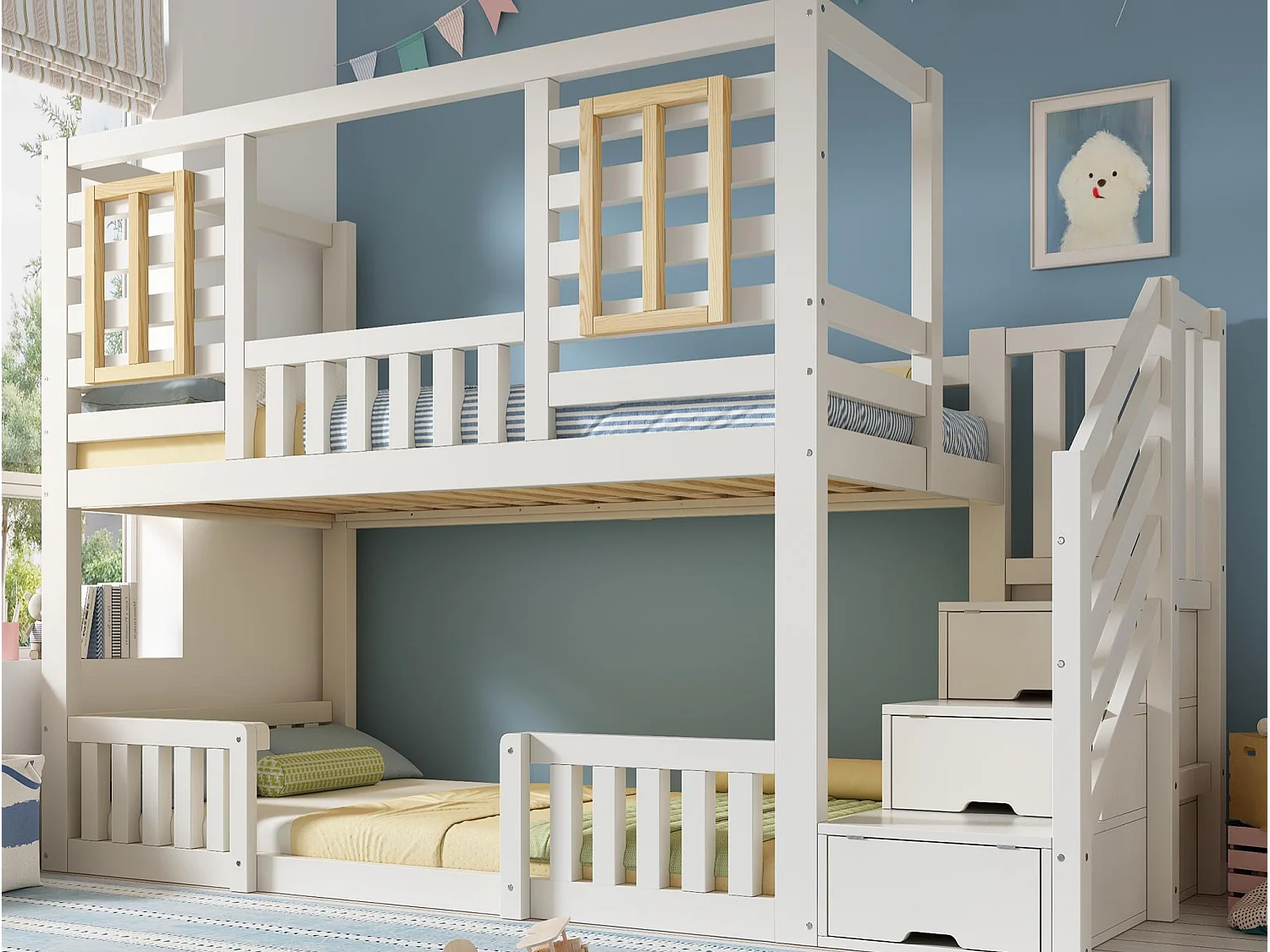 Lit superposé 90x200 cm - avec des fenêtres en bois - avec escalier de rangement - Blanc + Naturel (sans matelas)