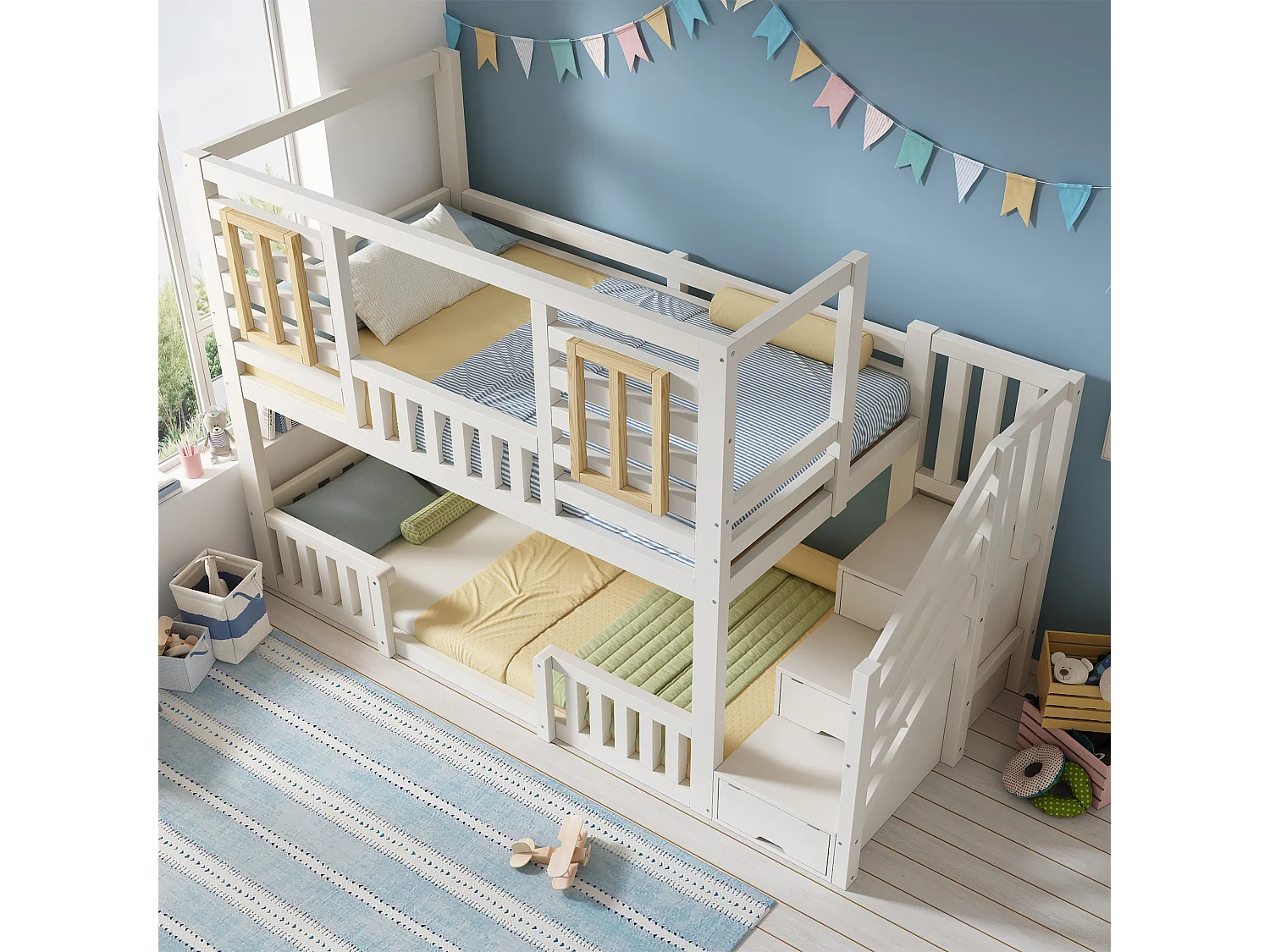 Lit superposé 90x200 cm - avec des fenêtres en bois - avec escalier de rangement - Blanc + Naturel (sans matelas)
