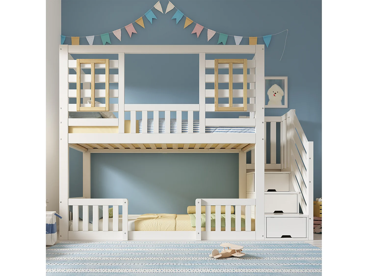 Lit superposé 90x200 cm - avec des fenêtres en bois - avec escalier de rangement - Blanc + Naturel (sans matelas)