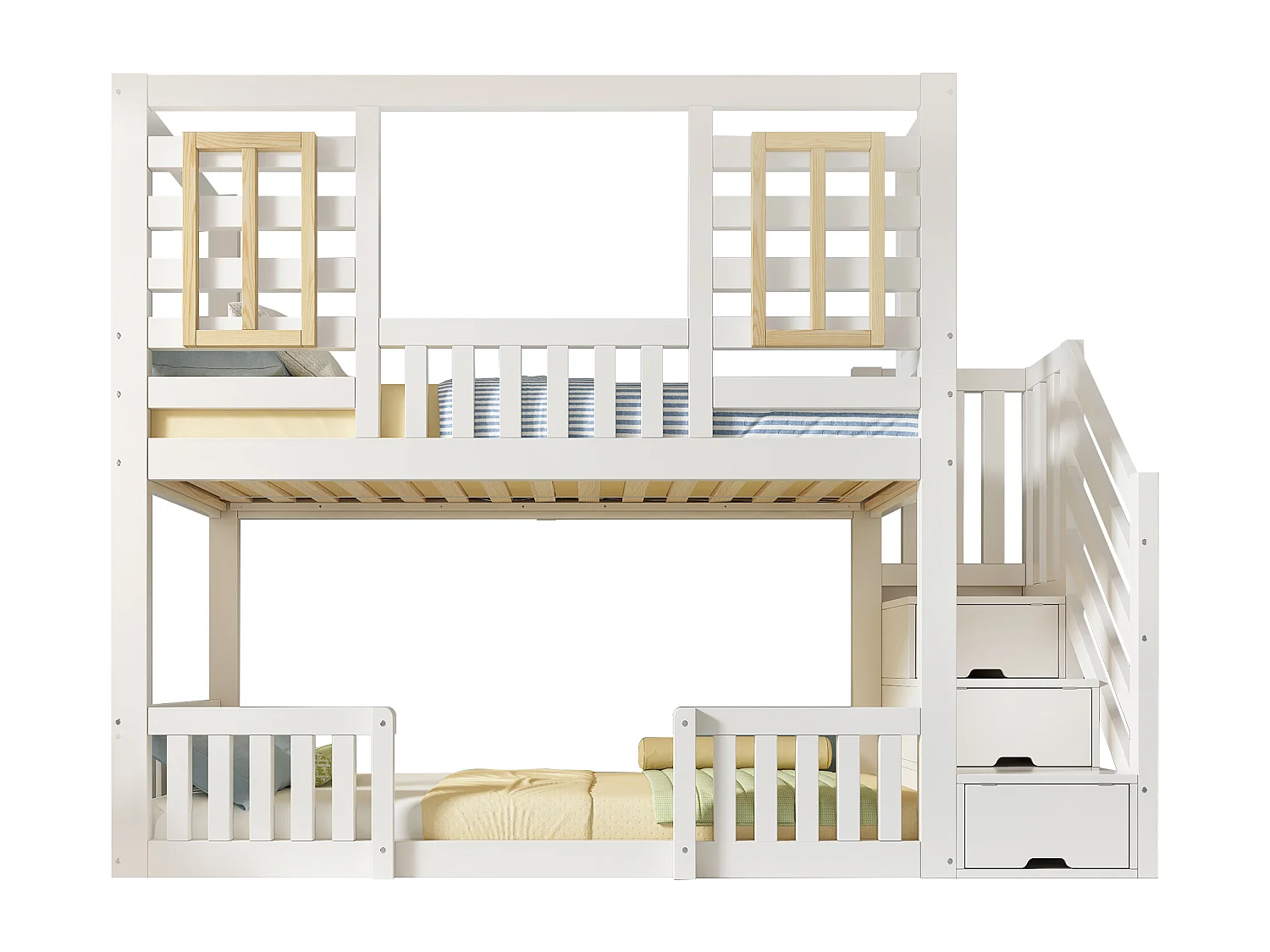 Lit superposé 90x200 cm - avec des fenêtres en bois - avec escalier de rangement - Blanc + Naturel (sans matelas)