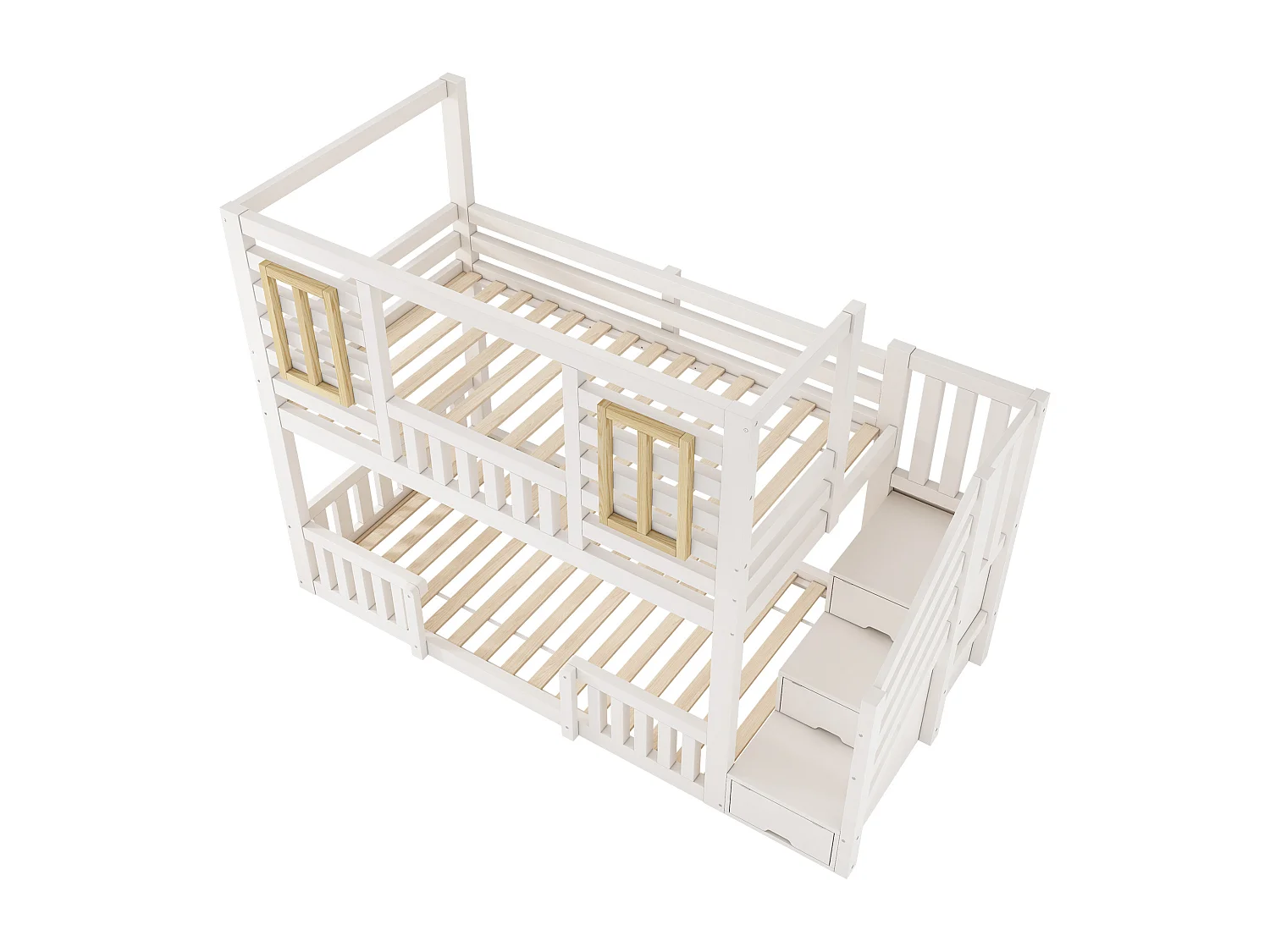 Lit superposé 90x200 cm - avec des fenêtres en bois - avec escalier de rangement - Blanc + Naturel (sans matelas)