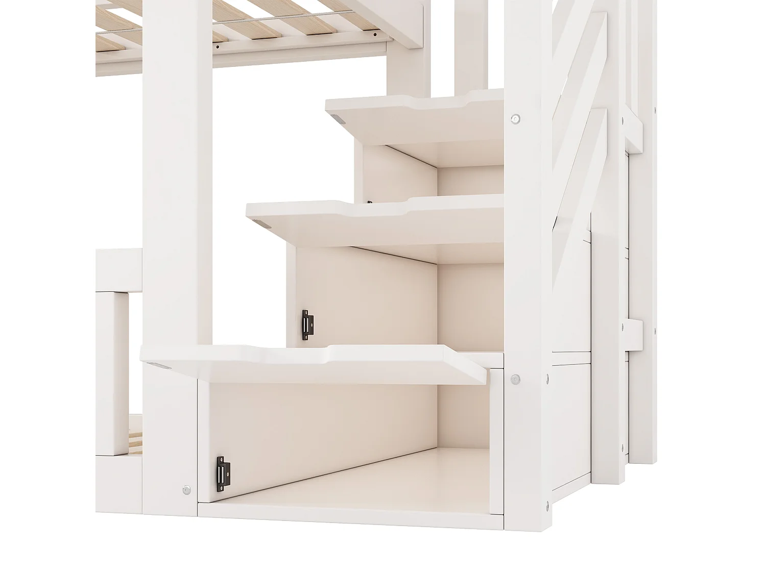 Lit superposé 90x200 cm - avec des fenêtres en bois - avec escalier de rangement - Blanc + Naturel (sans matelas)