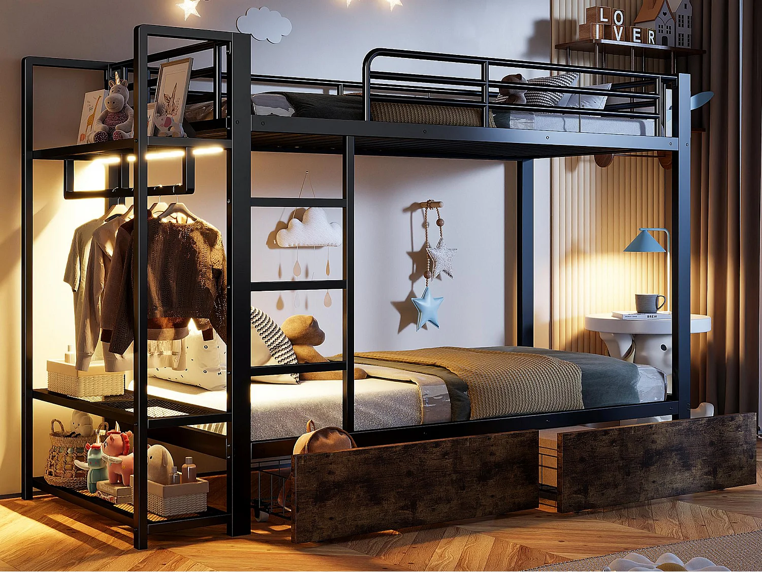 Cama sobreposta 90 x 200 cm - Estrutura de metal - 2 gavetas - Várias prateleiras - Iluminação LED - Cabideiro - preto​ (colchão não incluído)