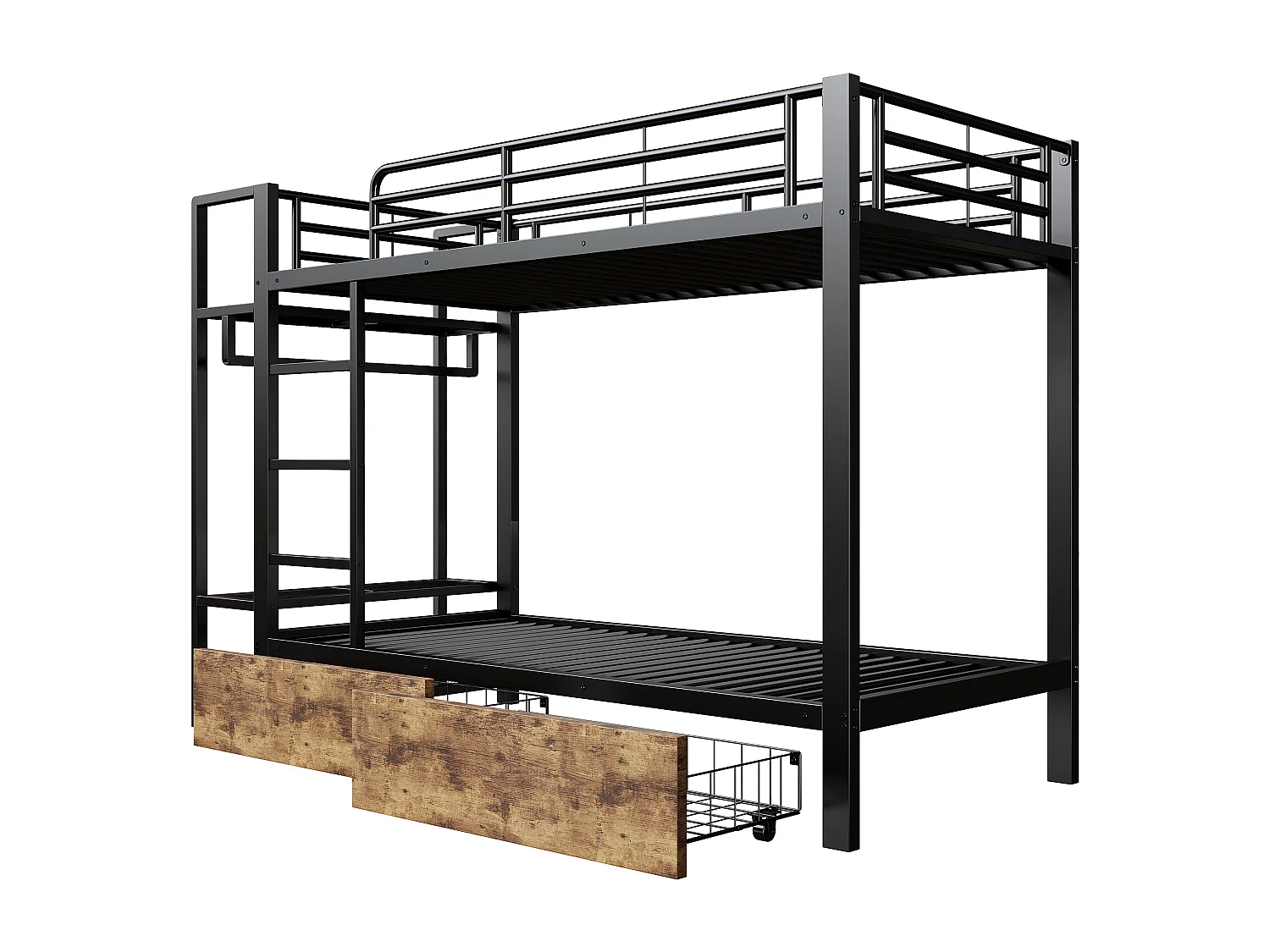 Cama sobreposta 90 x 200 cm - Estrutura de metal - 2 gavetas - Várias prateleiras - Iluminação LED - Cabideiro - preto​ (colchão não incluído)