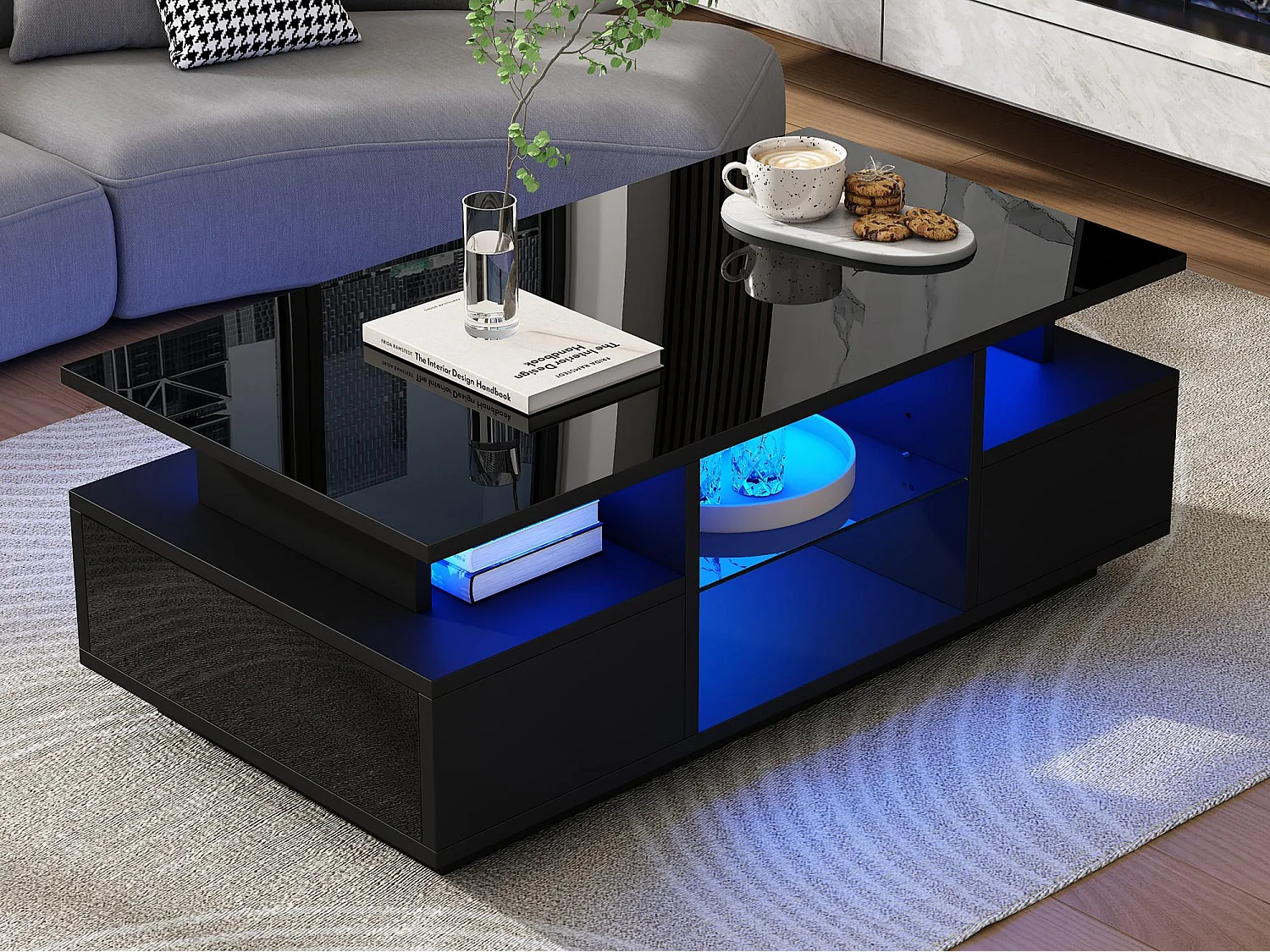 Table basse laquée brillante 100x50x36 cm - avec LED - 2 tiroirs et espace de rangement ouvert - panneaux de particules - noir