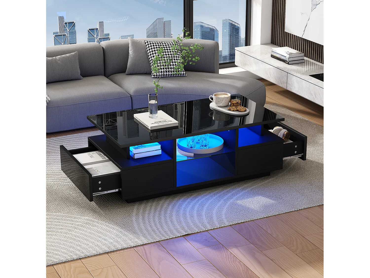 Table basse laquée brillante 100x50x36 cm - avec LED - 2 tiroirs et espace de rangement ouvert - panneaux de particules - noir