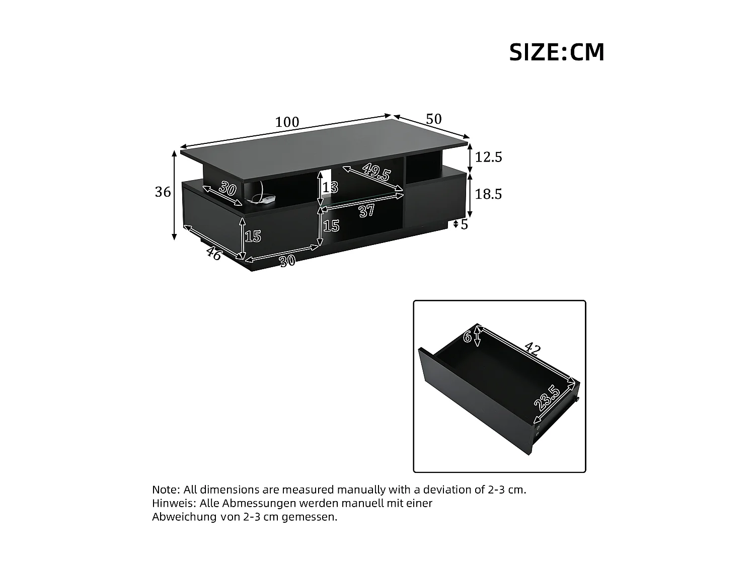 Table basse laquée brillante 100x50x36 cm - avec LED - 2 tiroirs et espace de rangement ouvert - panneaux de particules - noir