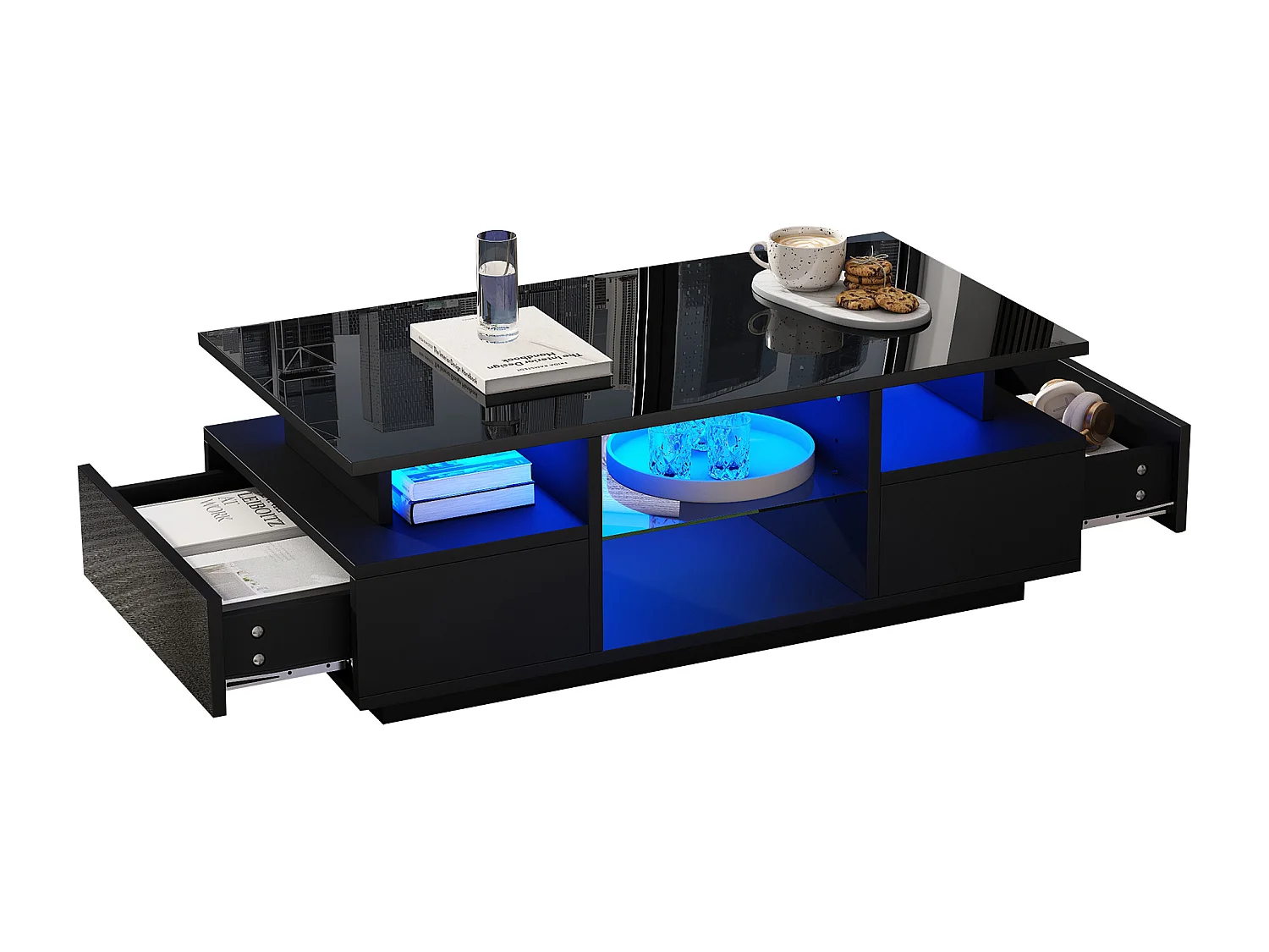 Table basse laquée brillante 100x50x36 cm - avec LED - 2 tiroirs et espace de rangement ouvert - panneaux de particules - noir